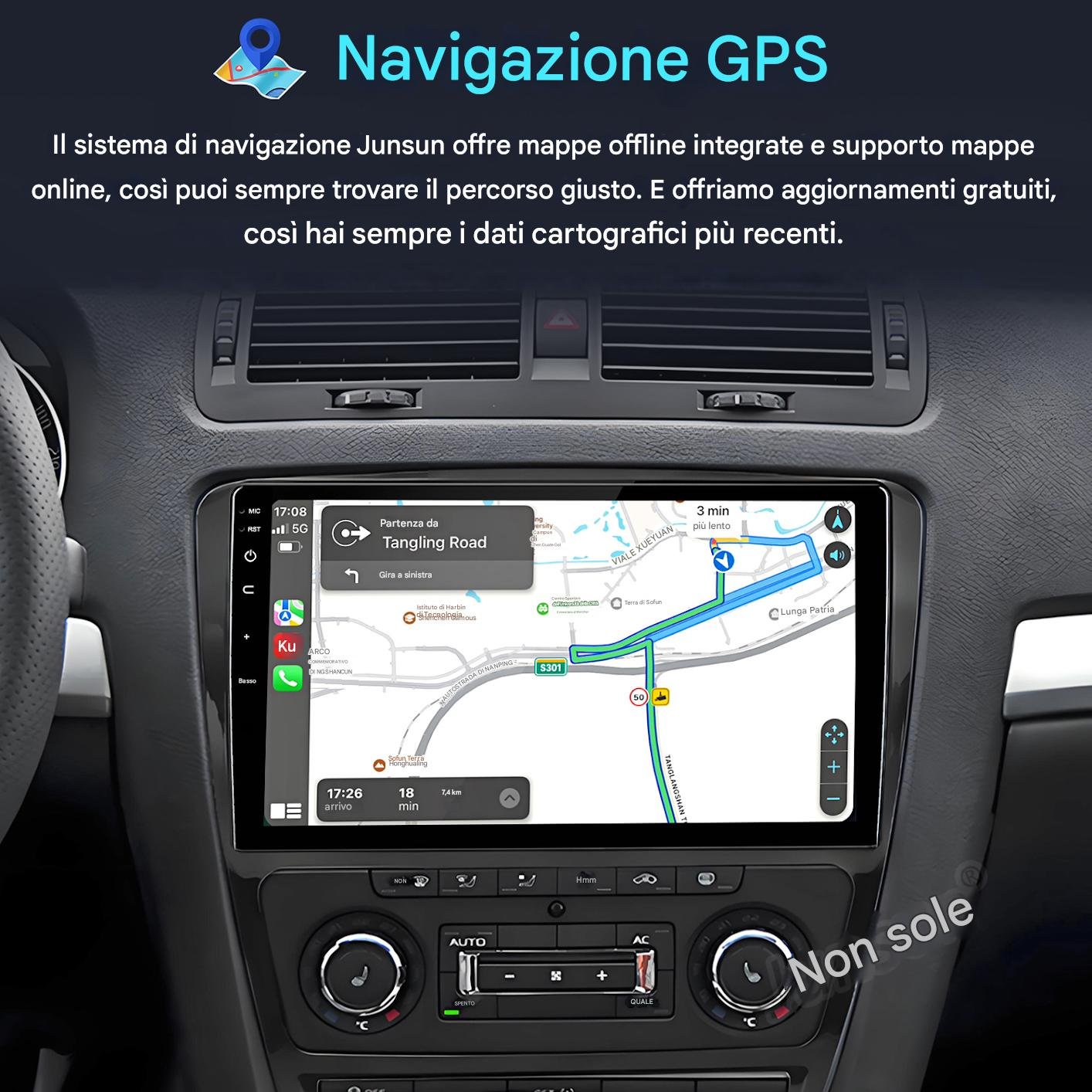 Cruscotto dell'auto con schermo di navigazione GPS che mostra una mappa con guida del percorso e comandi dell'auto.