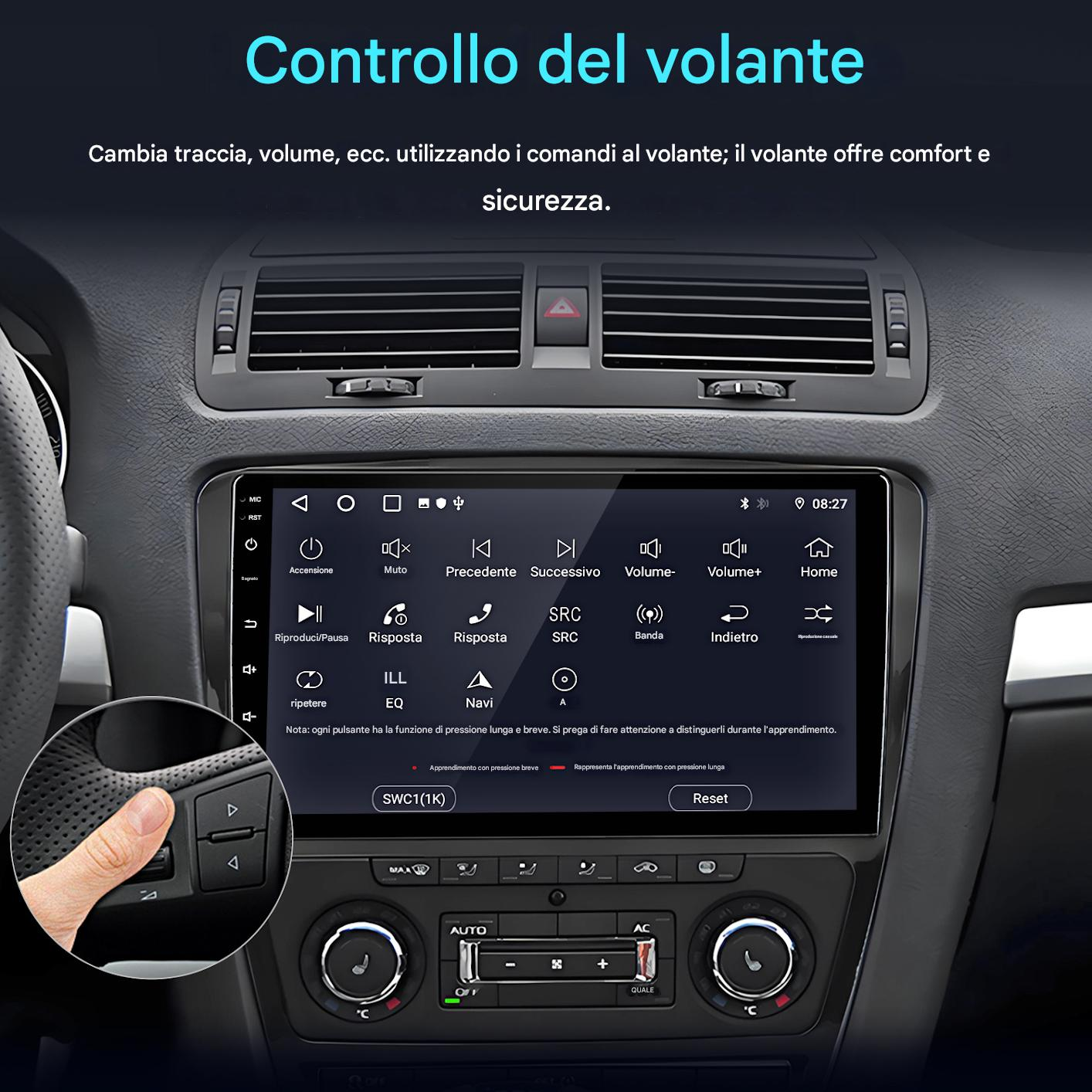 Cruscotto auto con comandi multimediali e mano sul volante. Lo schermo mostra le opzioni. Testo in italiano.