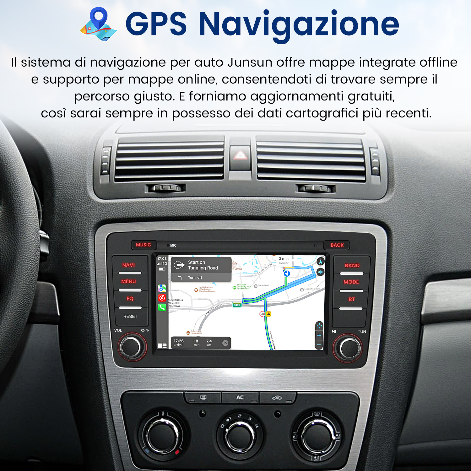 Cruscotto auto con schermo di navigazione GPS, dettagli mappa e pulsanti di controllo.