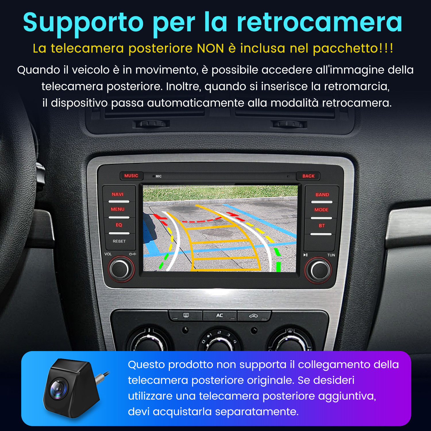 Cruscotto dell'auto con display della telecamera di retromarcia. Il testo menziona il supporto della telecamera posteriore e la necessità di acquistarla separatamente.