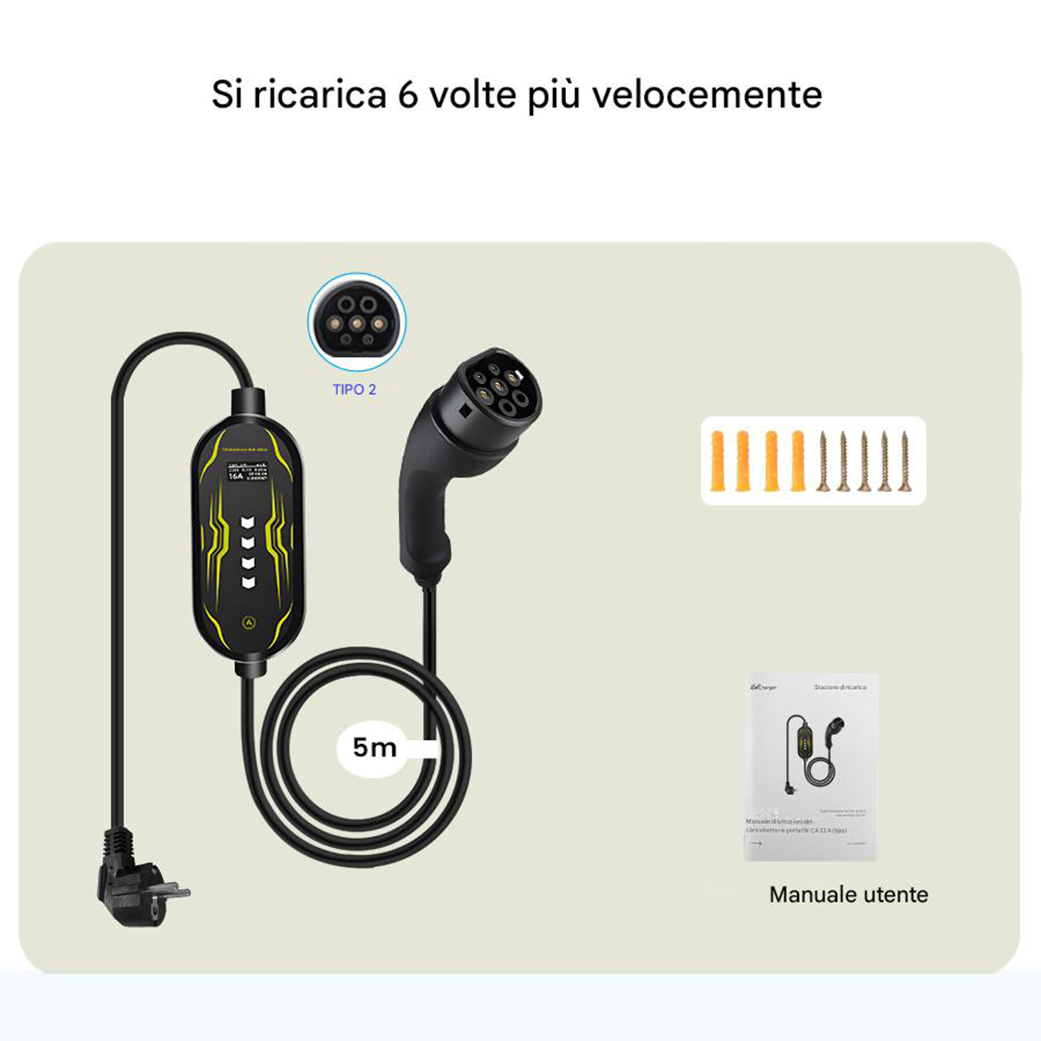 Un caricabatterie per veicoli elettrici con spina, cavo di ricarica e manuale utente. Il testo dice 'Si ricarica 6 volte più velocemente'.