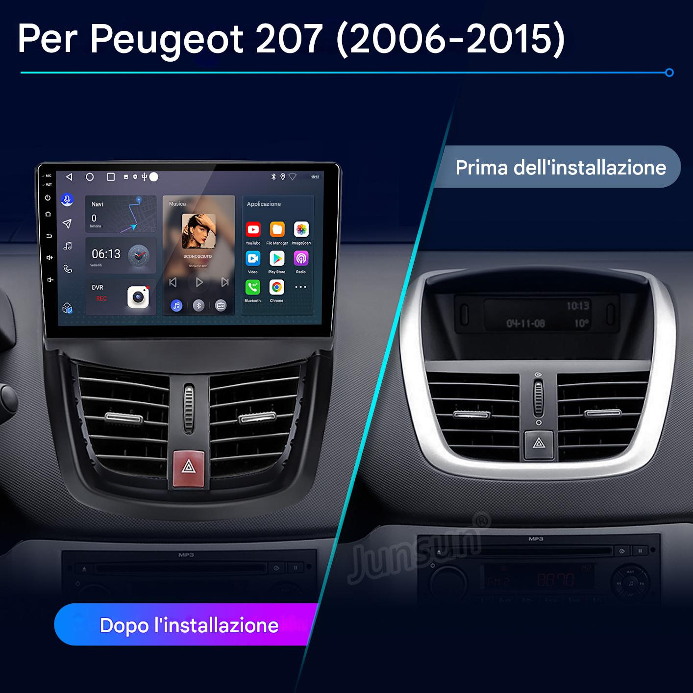 Cruscotto dell'auto che mostra prima e dopo l'installazione di un nuovo sistema multimediale. Il nuovo sistema visualizza le app.
