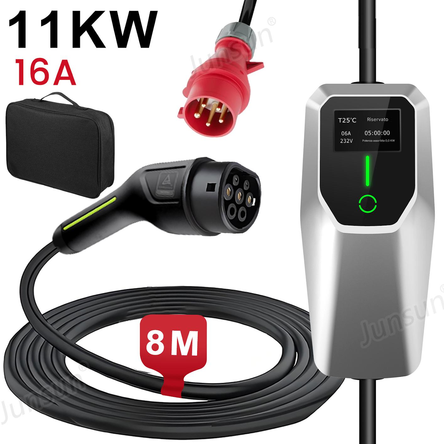 Un caricatore per veicoli elettrici con cavo nero, spina rossa e display digitale. Testo: 11KW, 16A, 8M.