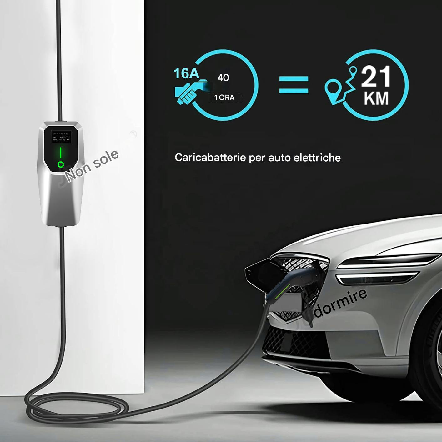 Un'auto elettrica in carica. Mostra 16A, 40, 1 ORA, uguale a 21 KM. Caricatore collegato all'auto.