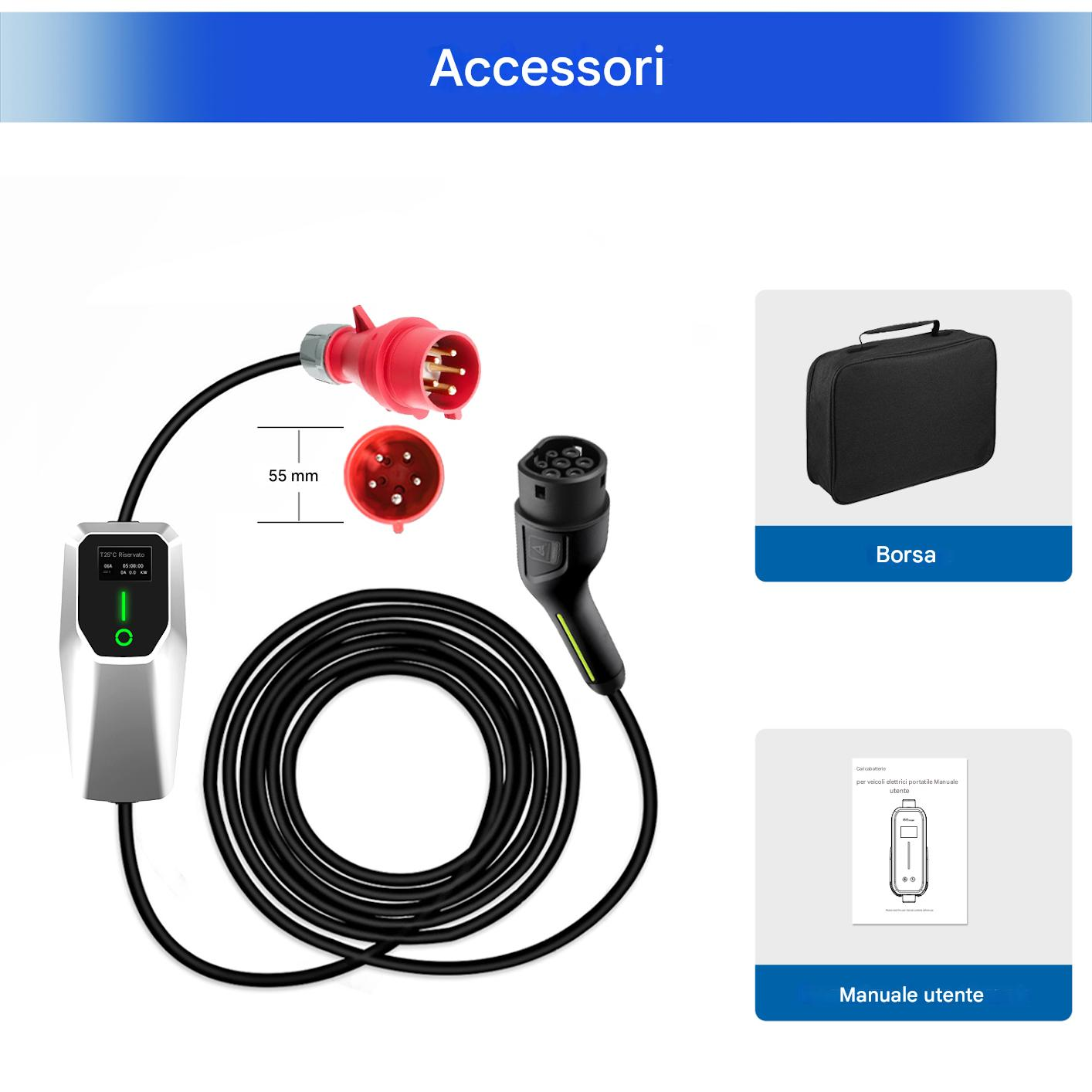 L'immagine mostra accessori di ricarica per veicoli elettrici: caricatore, borsa e manuale. Include una spina rossa, un cavo nero e un display.