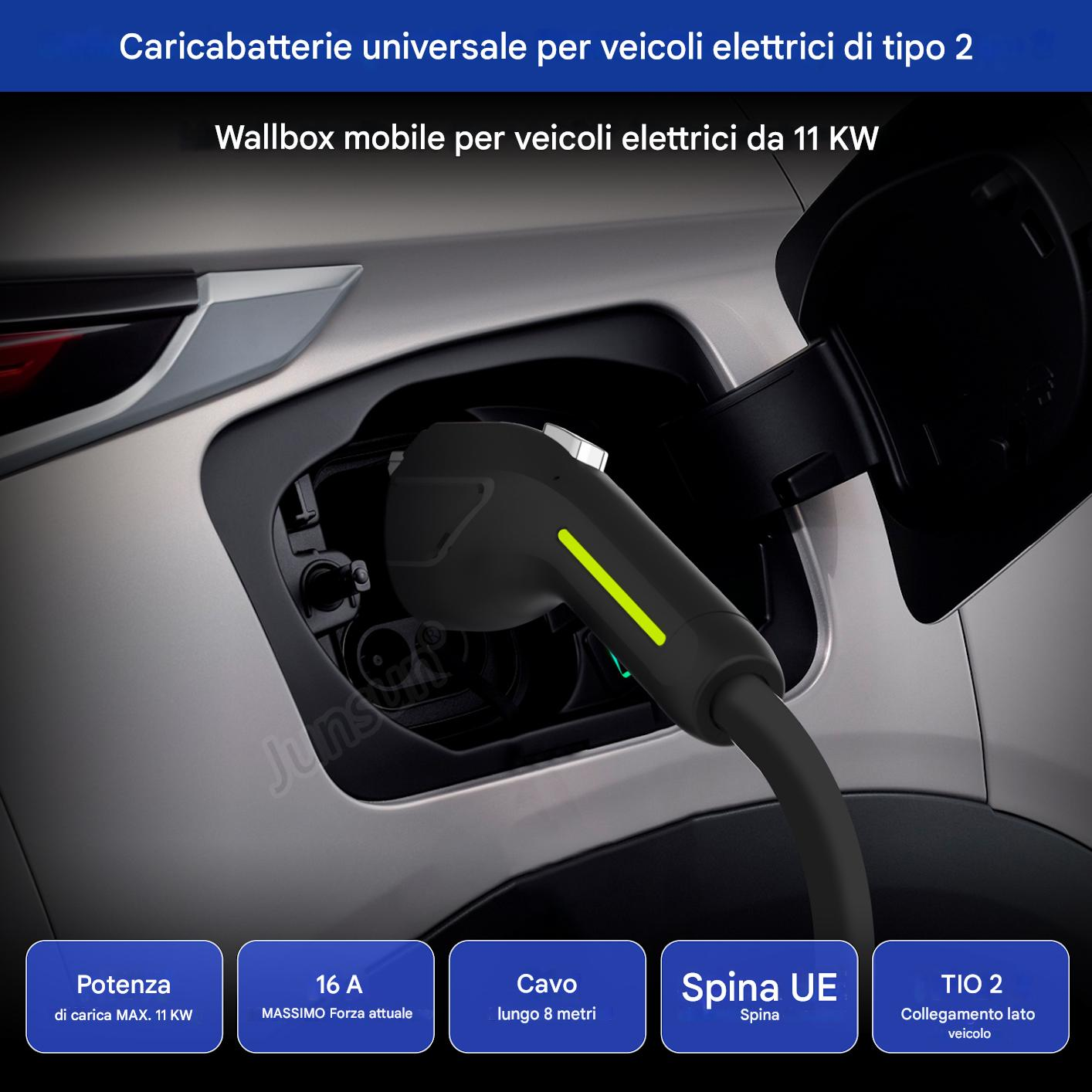 Un'auto elettrica in carica. Un cavo di ricarica nero è collegato all'auto. Il testo sull'immagine descrive il caricabatterie.