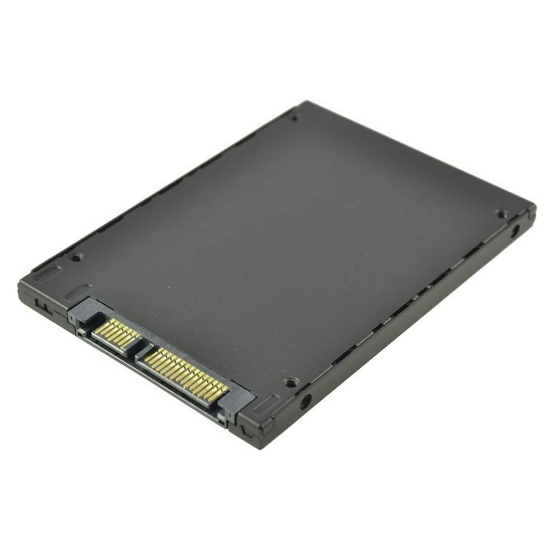Unità SSD nera, vista angolata, con connettore visibile. Lo sfondo è bianco.