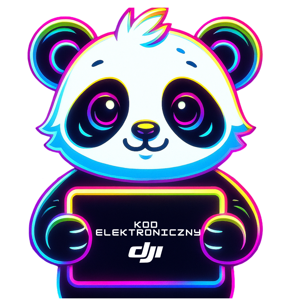 Un panda con contorni al neon che tiene un cartello con scritto 'KOD ELEKTRONICZNY' e il logo DJI. Il panda è bianco e nero.