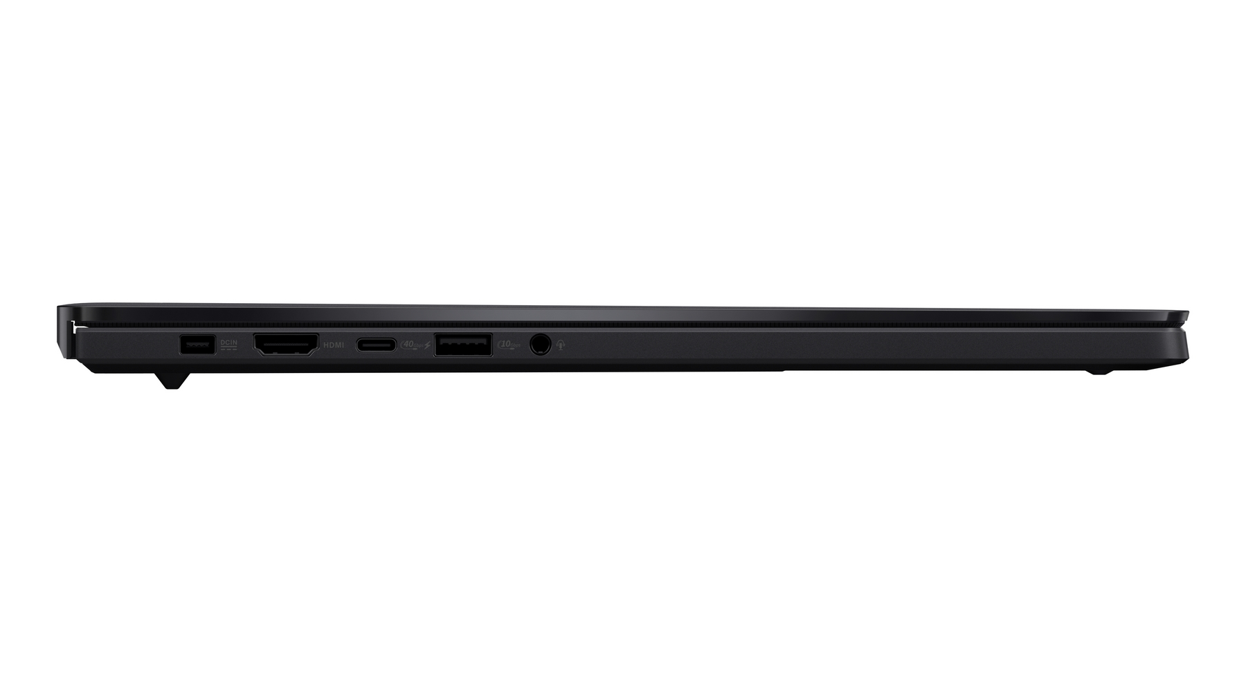 Vista laterale di un laptop nero. Le porte includono DCIN, HDMI, USB-C e jack audio. Il laptop è su sfondo bianco.