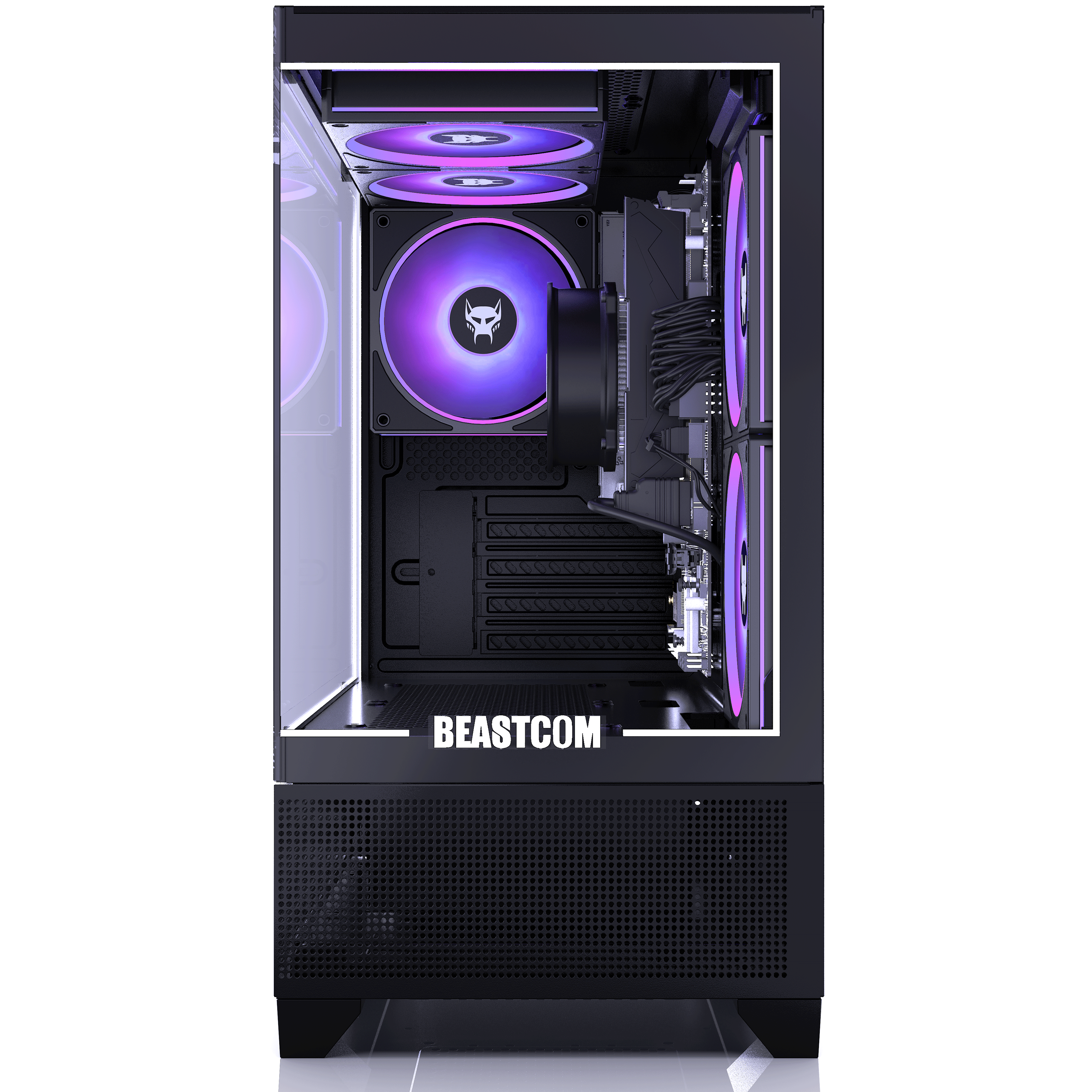 Obudowa komputera z fioletowymi wentylatorami i komponentami wewnętrznymi jest wystawiona. Widoczna jest marka BEASTCOM.