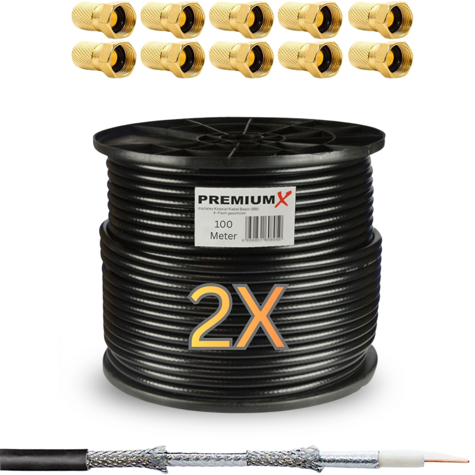 Das Bild zeigt goldfarbene Stecker, eine schwarze Kabeltrommel mit Etikett und eine Kabelprobe. Auf dem Etikett steht PREMIUMX.