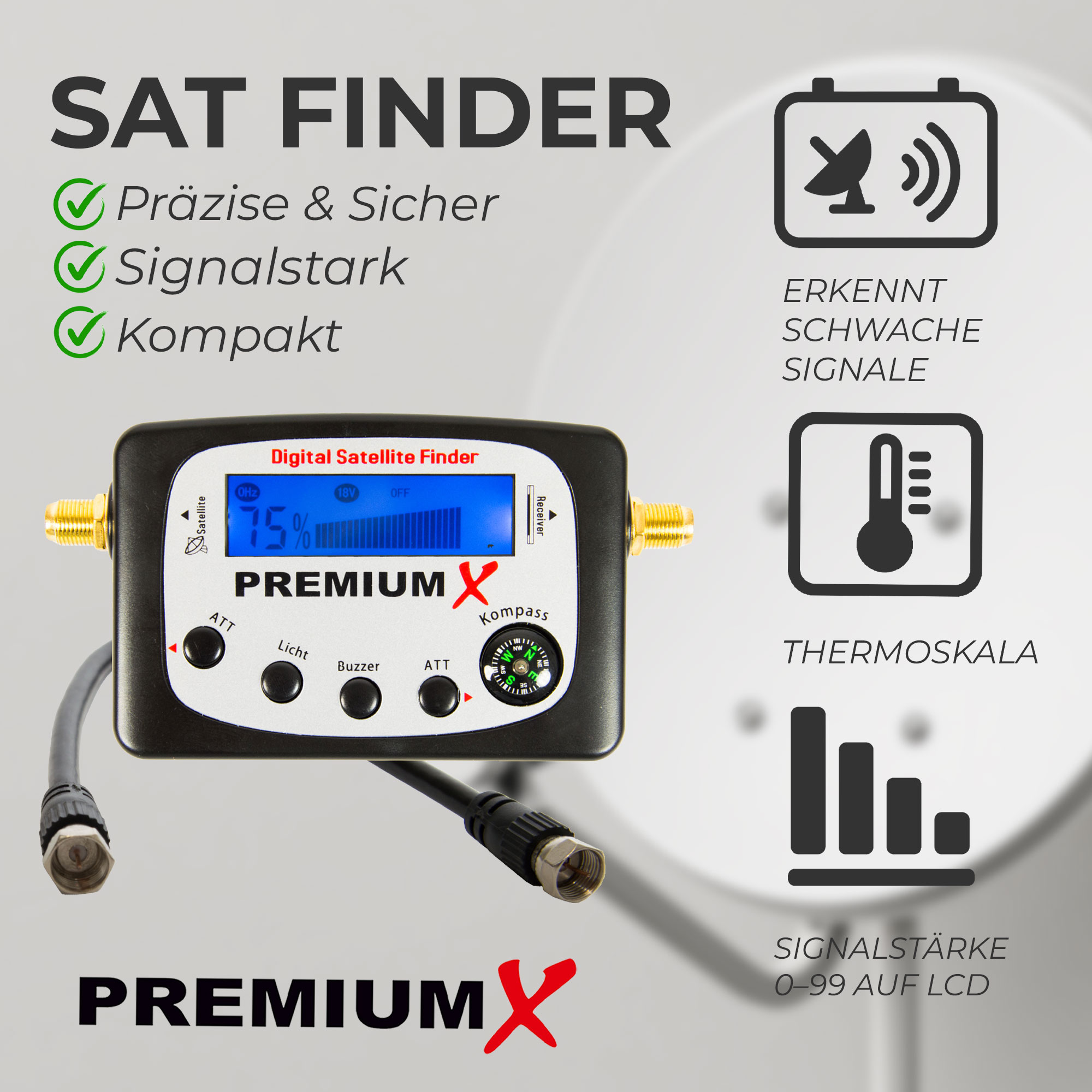 Ein Satellitenfinder mit Digitalanzeige, Kompass und Signalstärkeanzeige, Text: SAT FINDER, PREMIUM X.