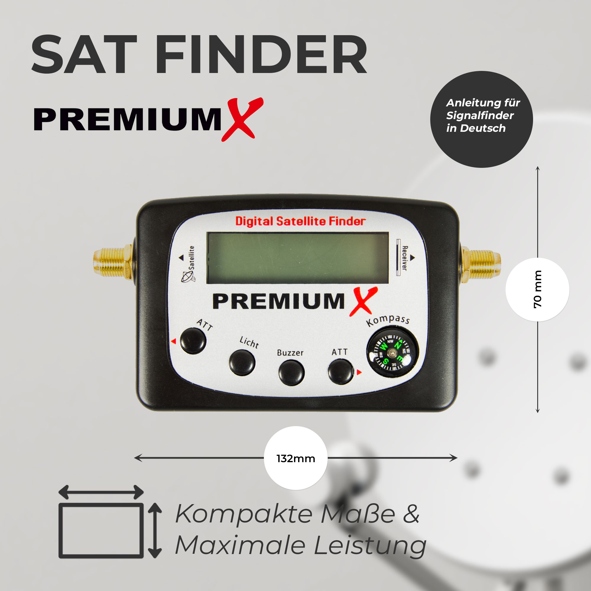 Ein Satellitenfinder mit Kompass, Knöpfen und Display. Text enthält 'SAT FINDER PREMIUM X', 'Digital Satellite Finder'.