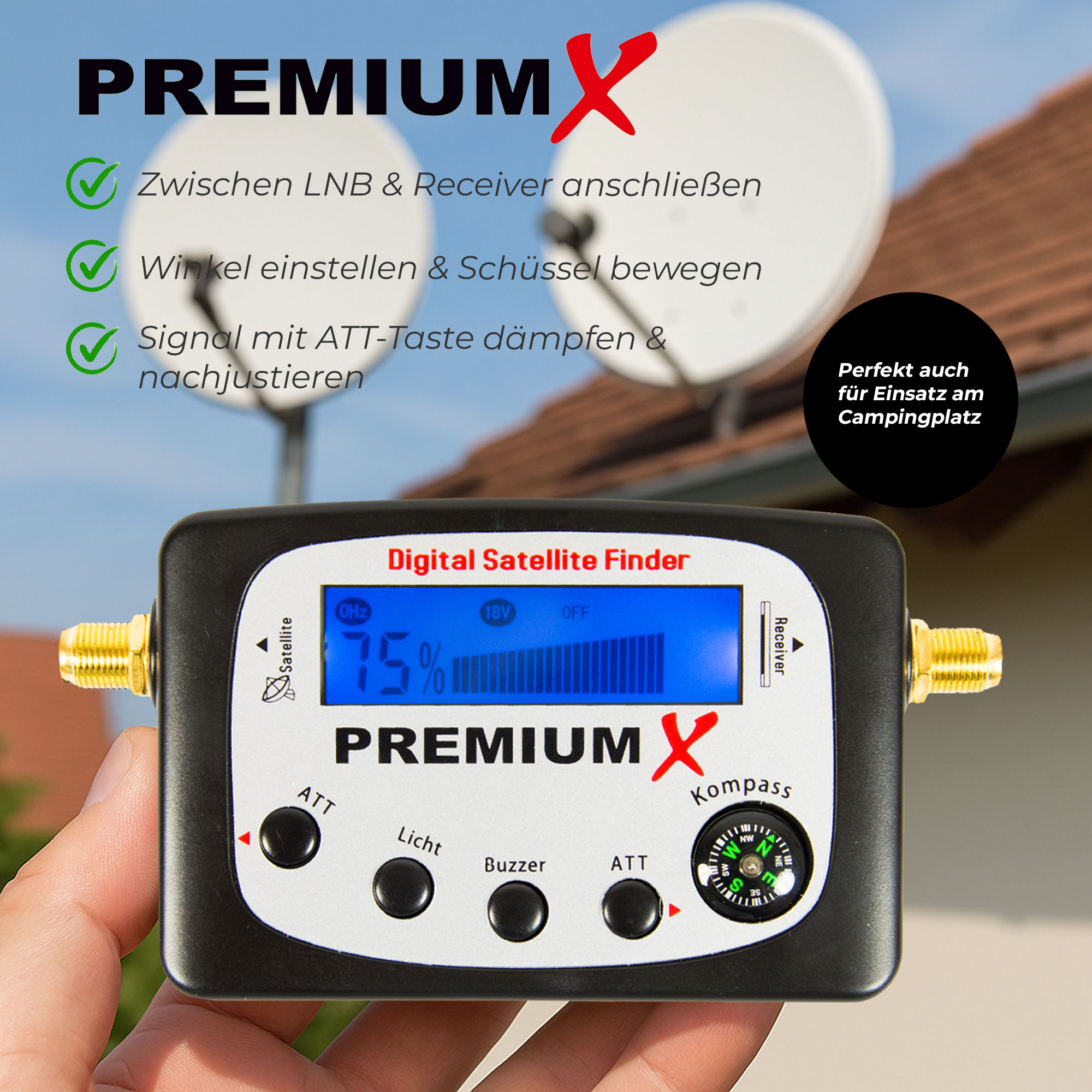 Eine Hand, die einen Satellitenfinder hält, zwei Satellitenschüsseln sind im Hintergrund. Text auf dem Gerät lautet PREMIUM X.