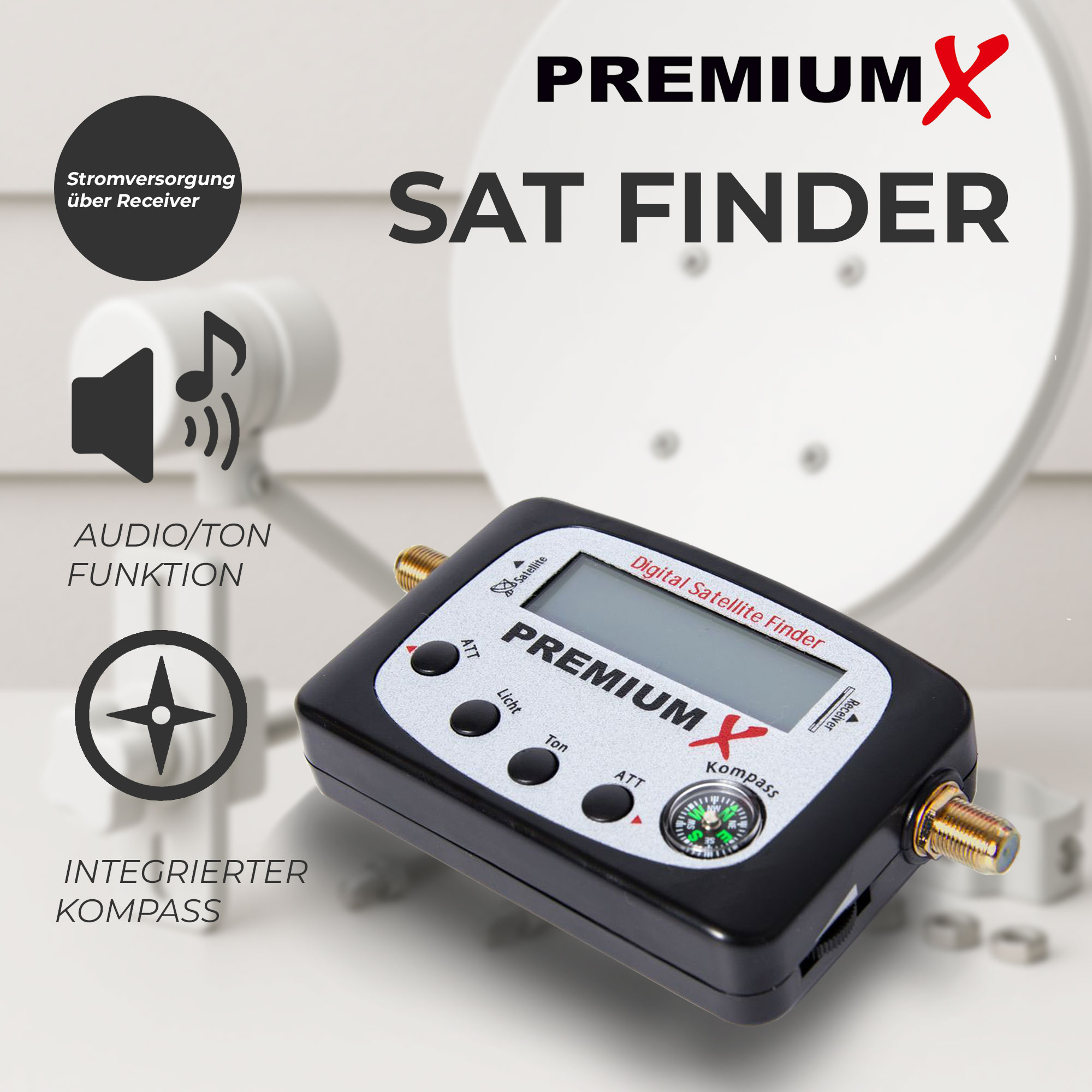 Ein PremiumX Sat Finder-Gerät mit Kompass, schwarzem Gehäuse und einer weißen Satellitenschüssel im Hintergrund.
