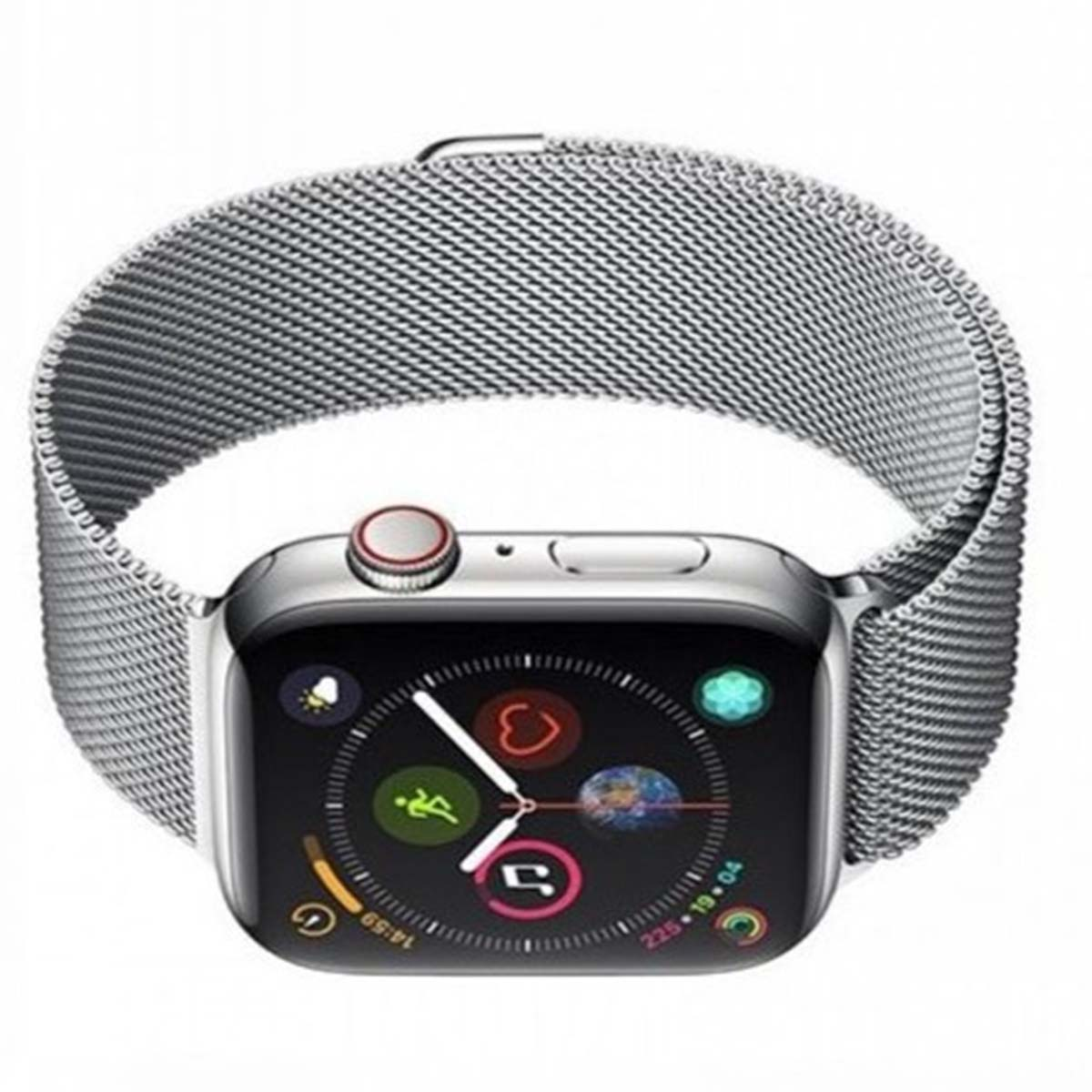Un Apple Watch argento con cinturino a maglia. Il quadrante mostra icone e l'ora. È un primo piano su sfondo bianco.