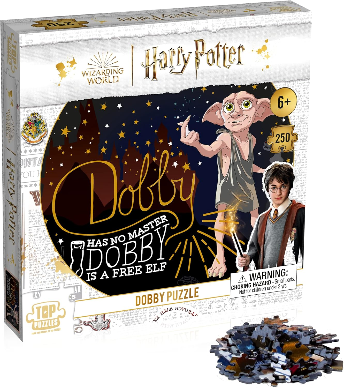 Harry-Potter-Puzzleschachtel mit Dobby, Harry und Sternen. Puzzleteile sind unten.