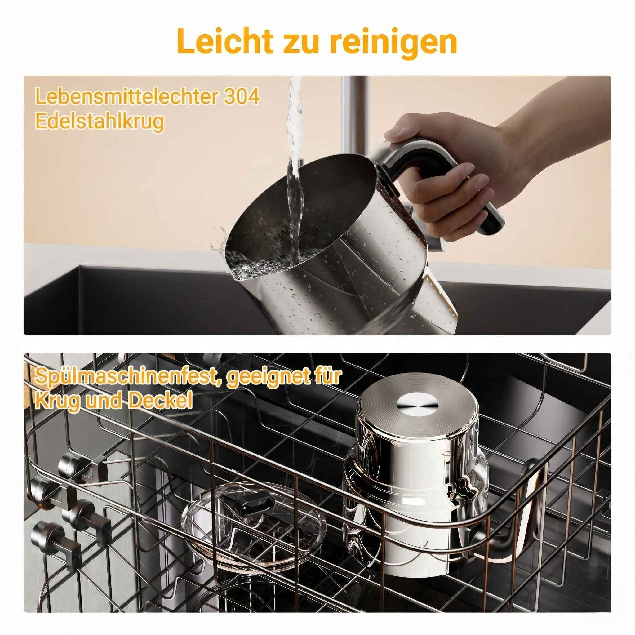 Ein Edelstahlkrug wird mit Wasser gespült. Ein Geschirrspülerkorb enthält Krug und Deckel.
