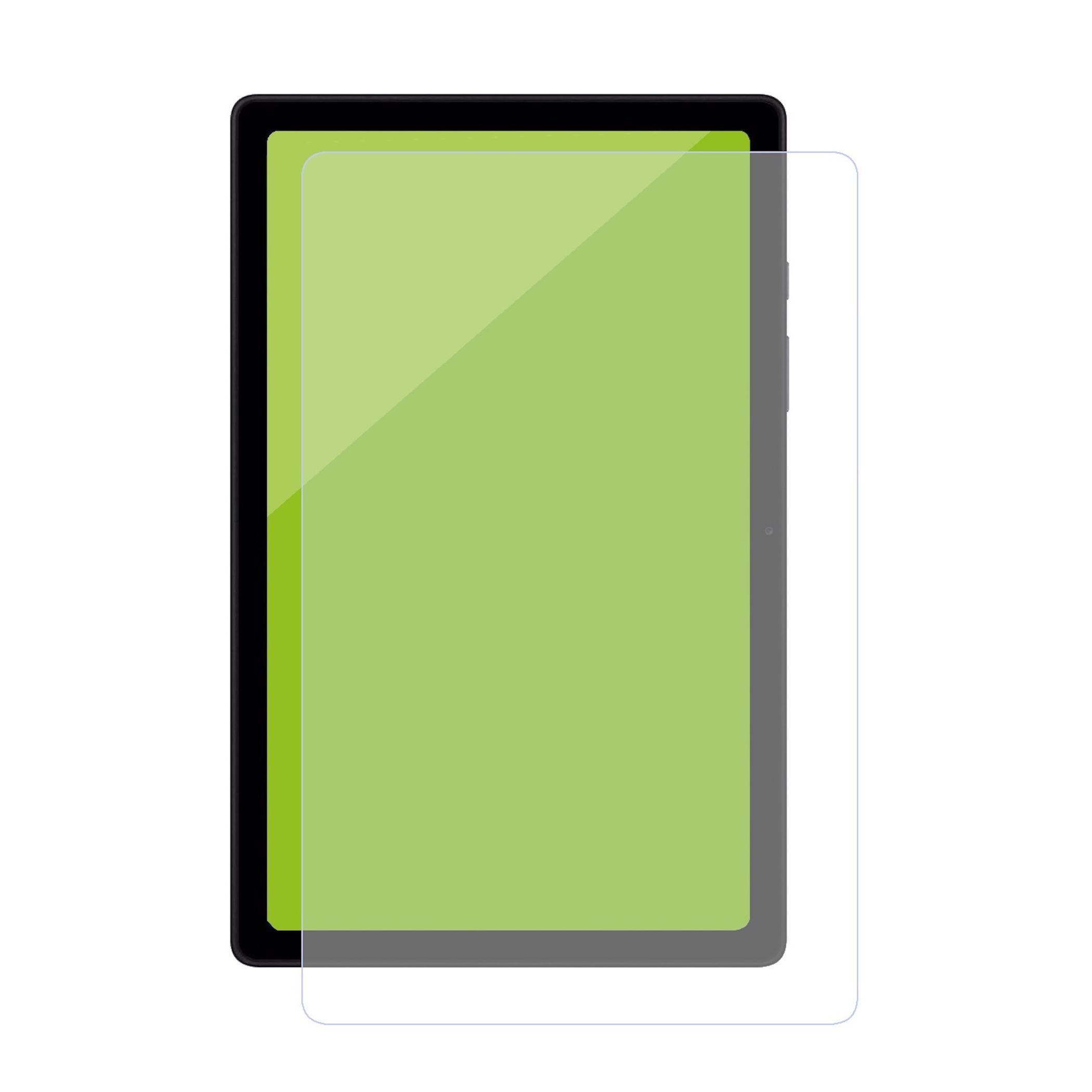 Ein Tablet mit aufgebrachter grünem Displayschutz. Das Tablet hat einen schwarzen Rahmen. Der Hintergrund ist weiß.