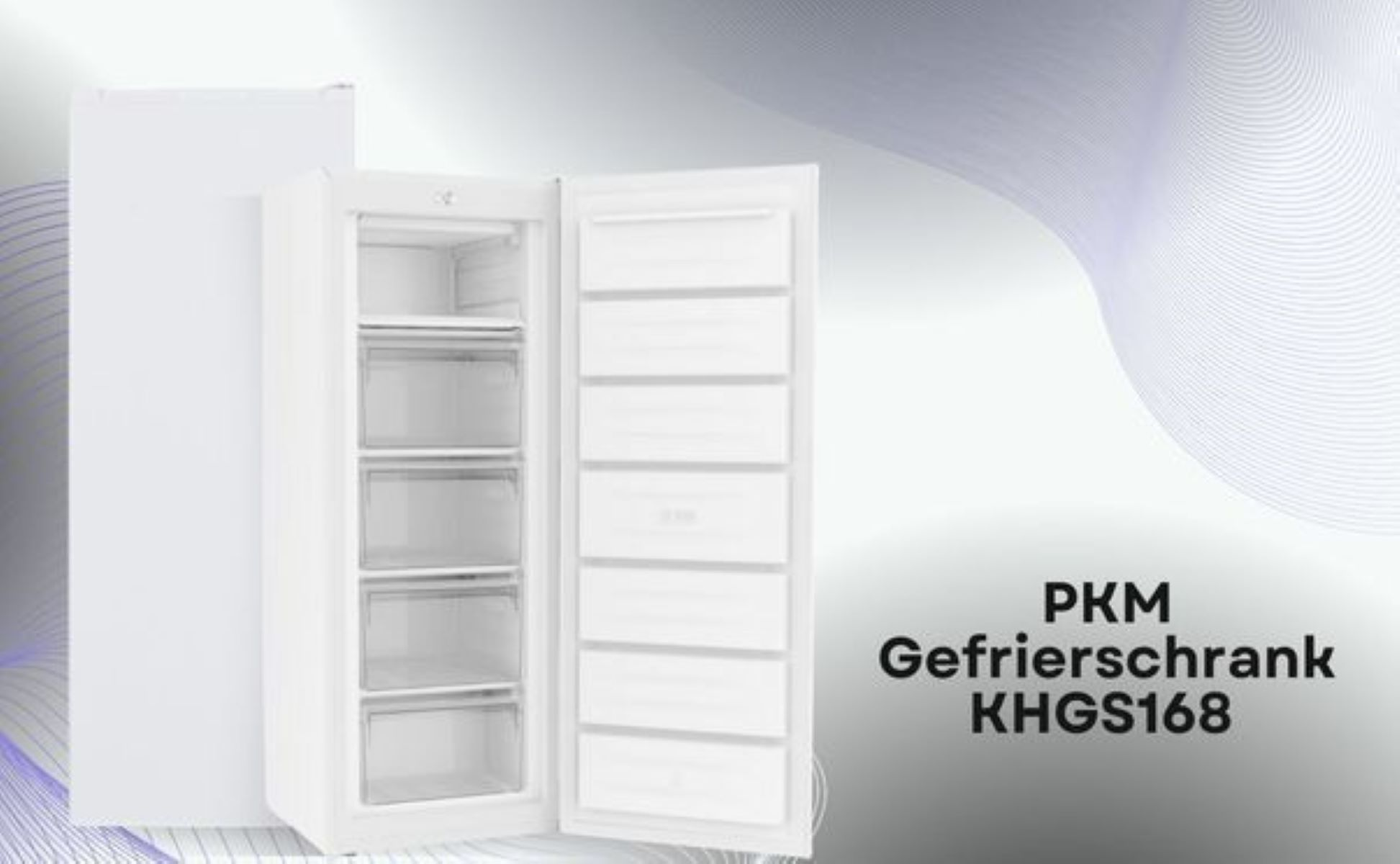 Ein weißer Gefrierschrank mit offener Tür, die Schubladen und Regale zeigt. Text: 'PKM Gefrierschrank KHGS168'.