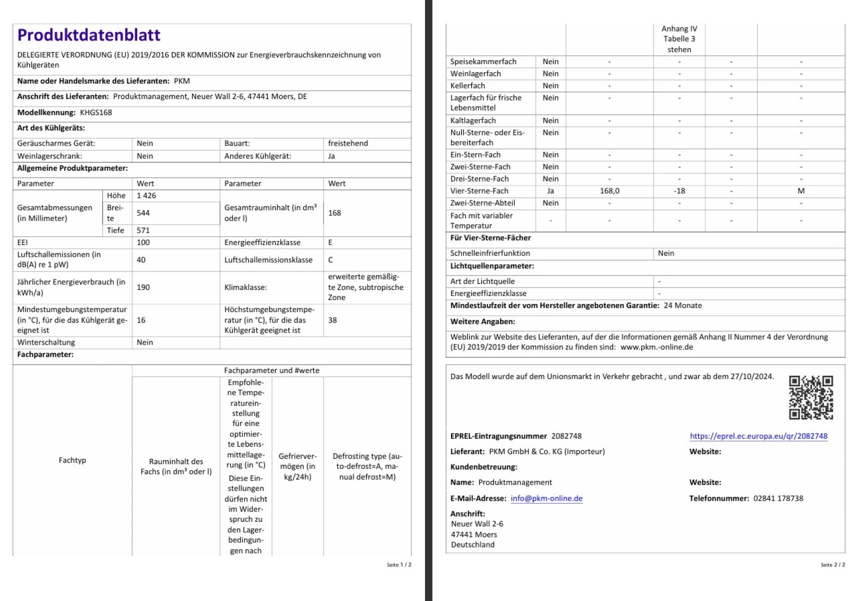 Produktdatenblatt mit Tabellen und Werten für einen Kühlschrank, einschließlich Abmessungen, Energieverbrauch und Eigenschaften.