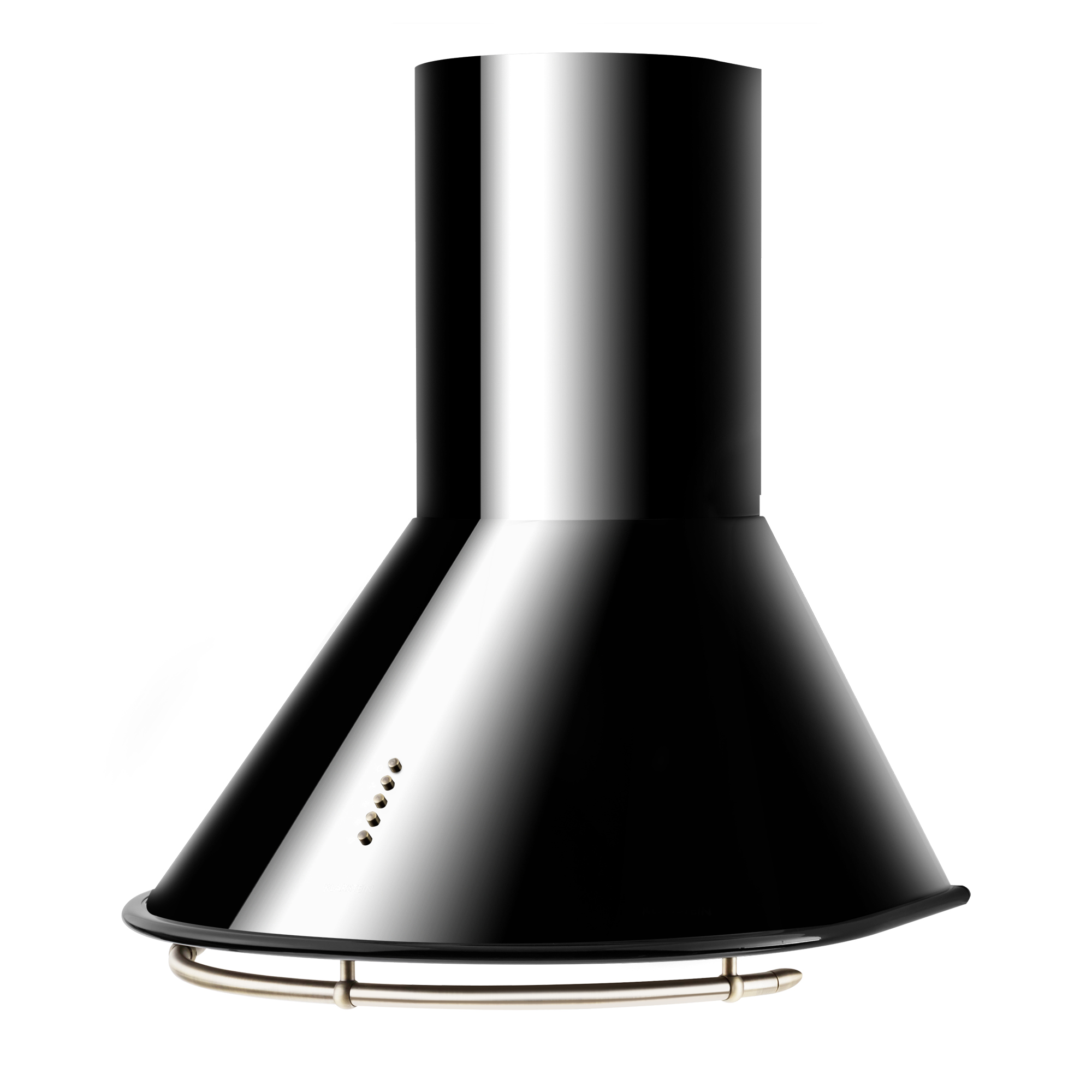 Una campana de cocina moderna negra y plateada. Tiene una parte superior cilíndrica y un cuerpo cónico, con una barra de metal curva en la parte inferior.