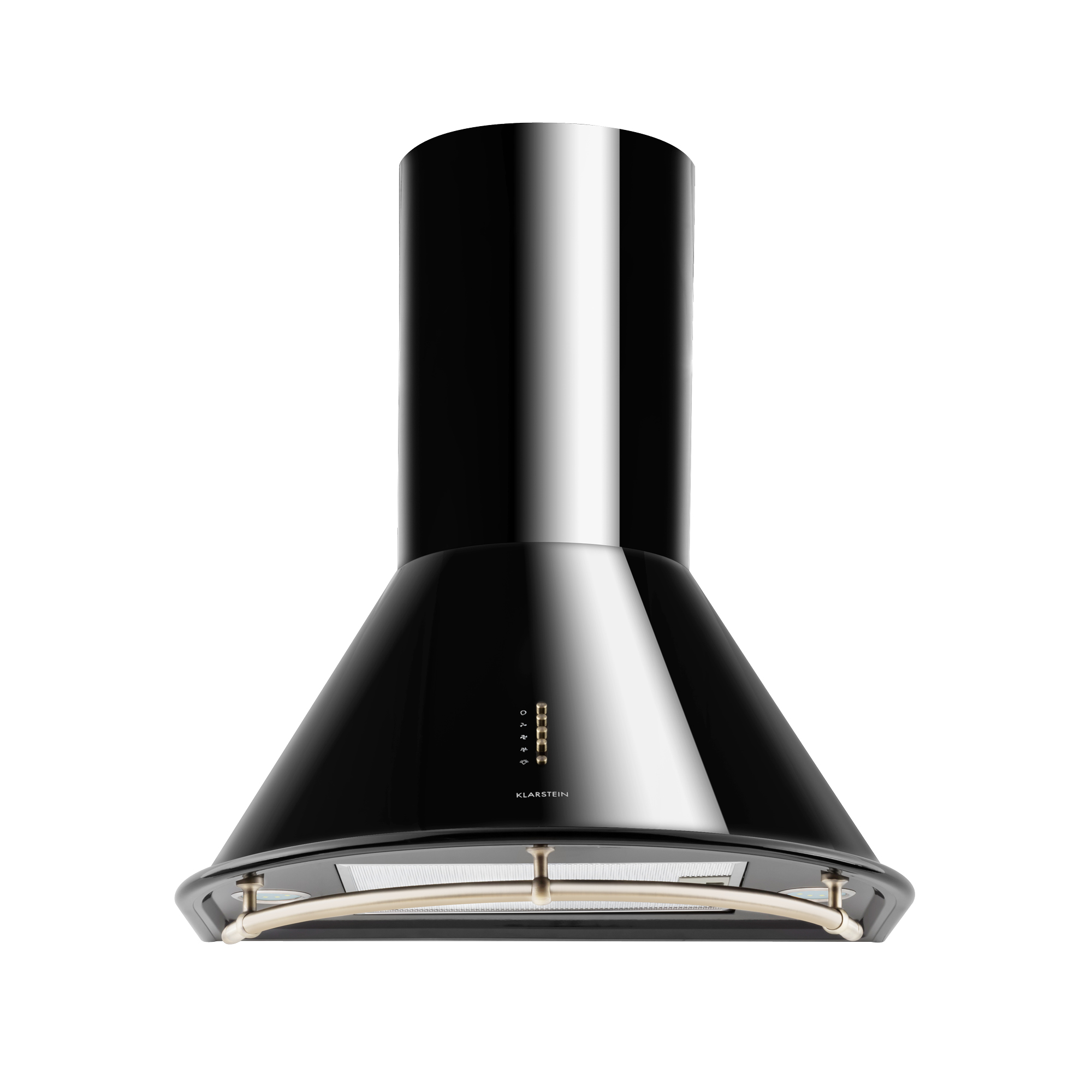 Una moderna campana de cocina negra y plateada. Tiene un diseño curvado con una parte superior cilíndrica y un adorno claro en la base.