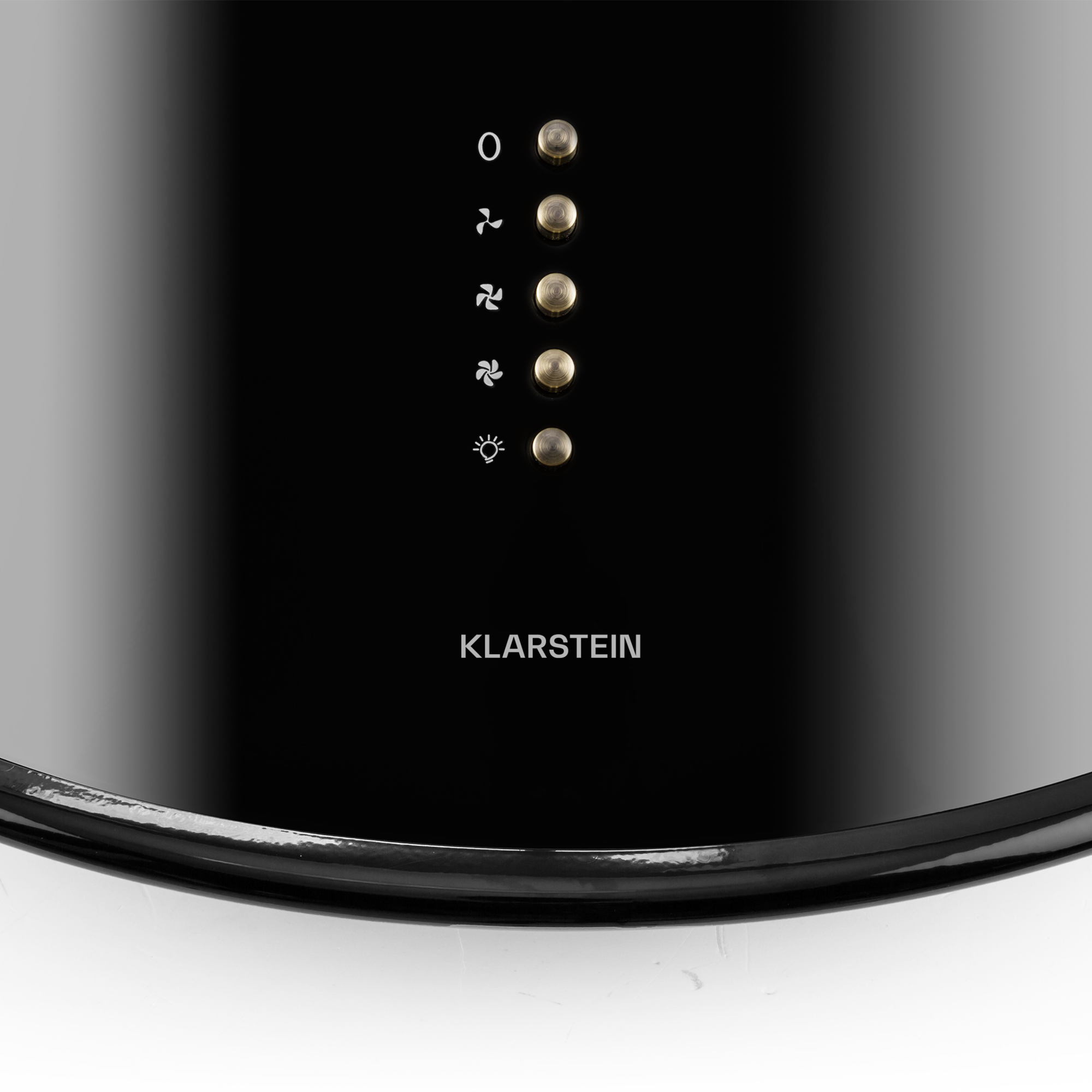 Panel de control de ventilador negro con iconos de encendido, ventilador y luz. Botones dorados y la marca Klarstein.
