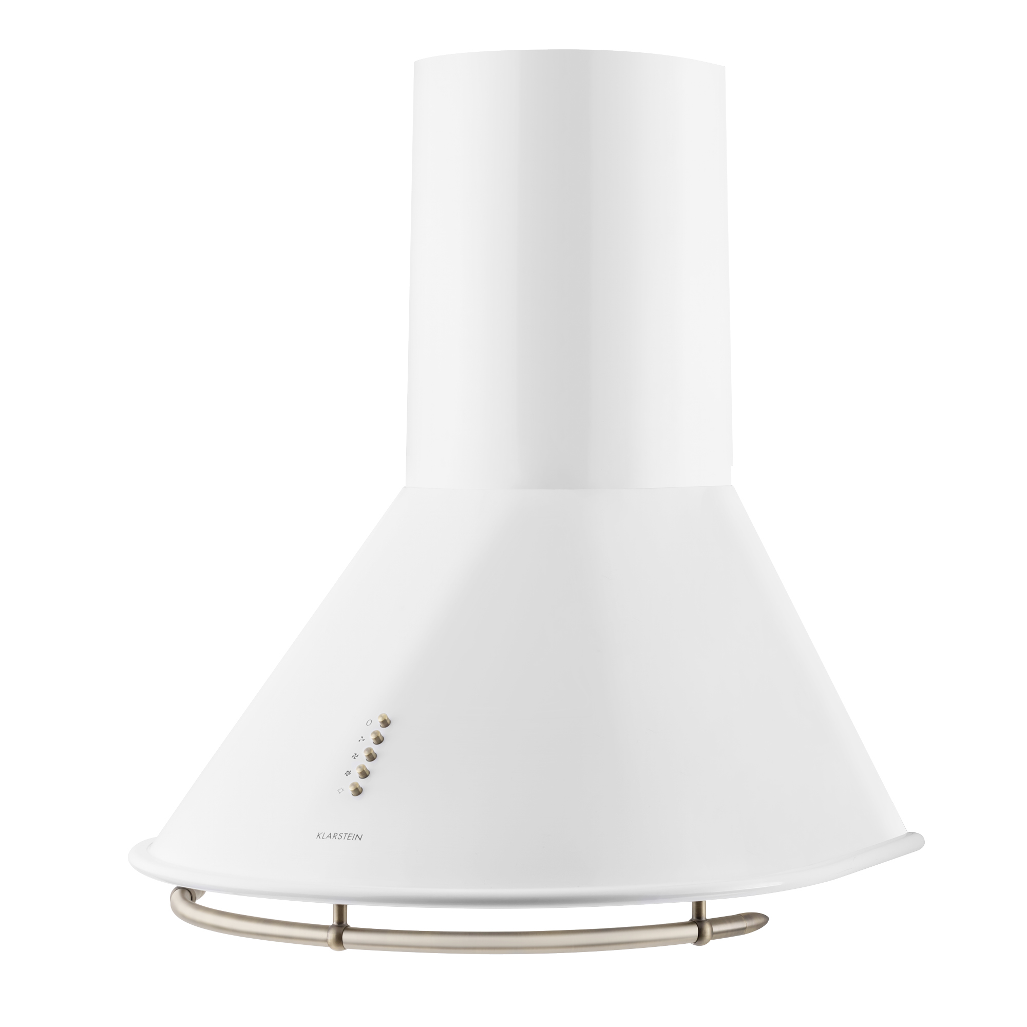 Campana de cocina blanca con parte superior cilíndrica e inferior cónica. Tiene botones de control y una barra metálica.