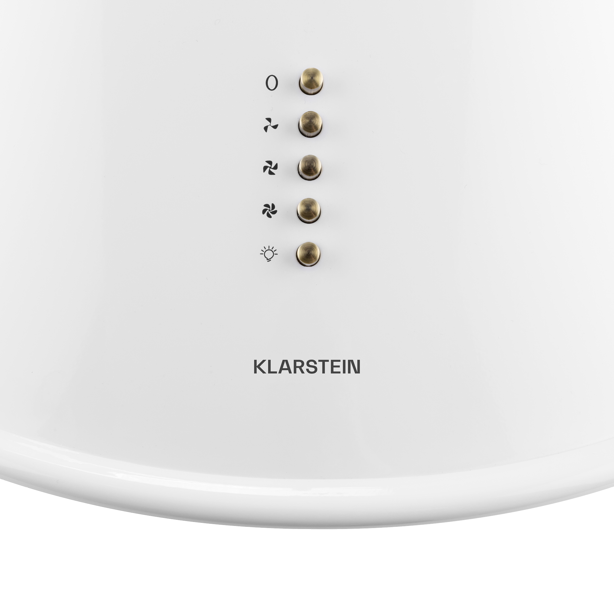 Panel de control blanco con botones de latón y símbolos de ventilador/luz. Texto: KLARSTEIN.