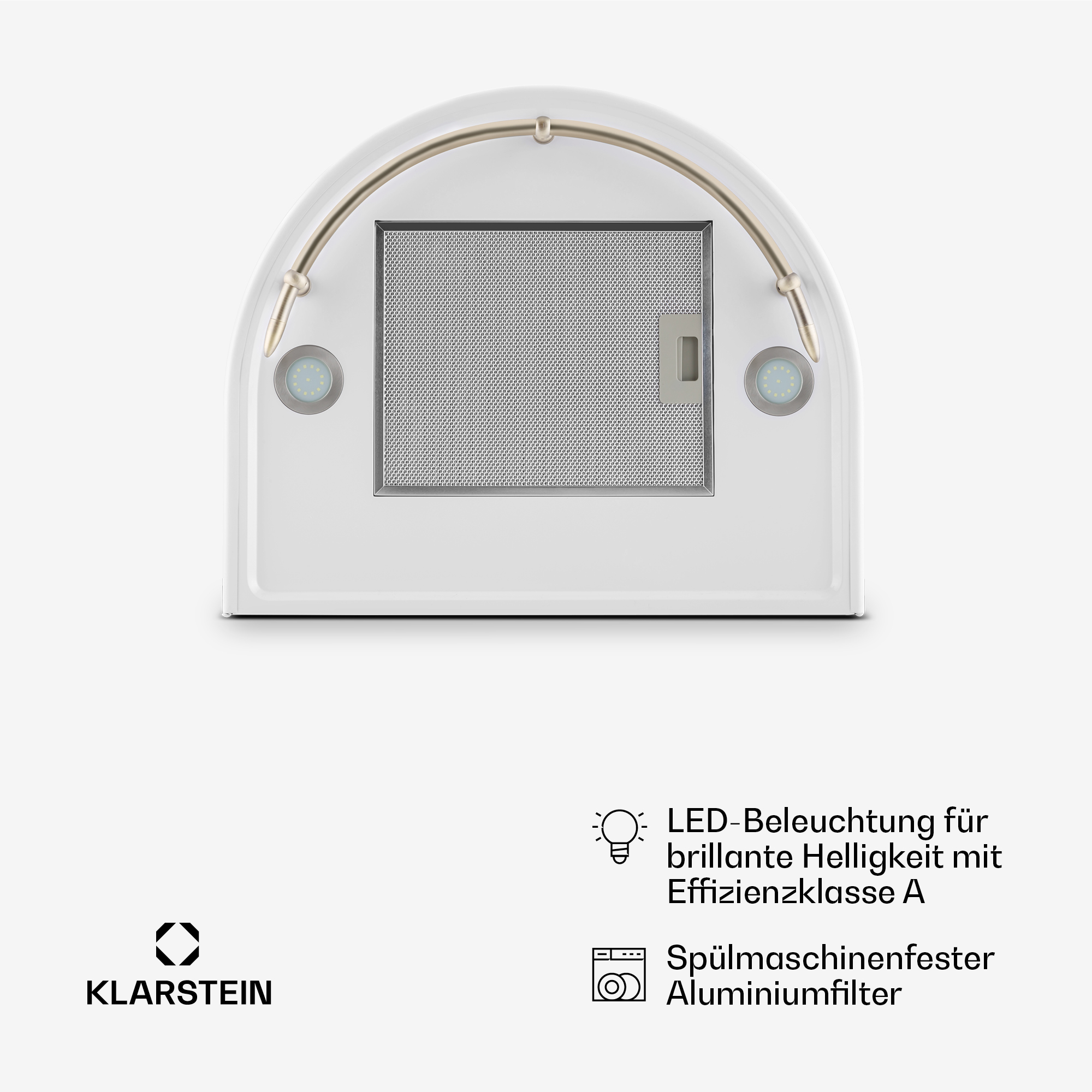 Una campana extractora blanca con ribete dorado. Tiene un filtro de malla y dos luces LED. El logotipo de la marca está en la parte inferior.