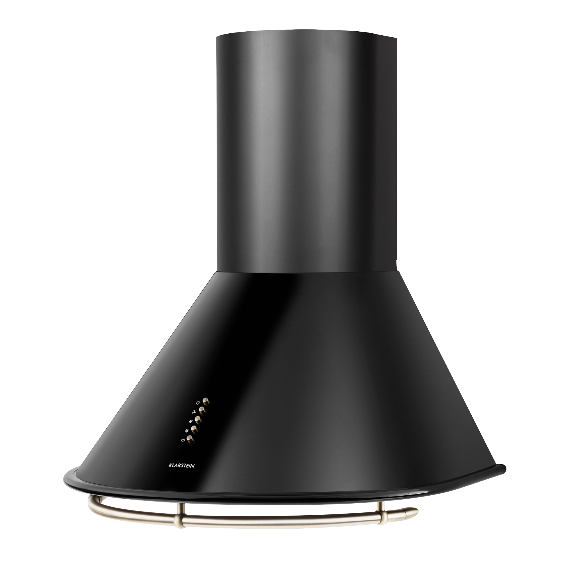 Schwarze Küchenhaube. Sie hat eine konische Form mit Steuertasten und einer Edelstahlstange unten.