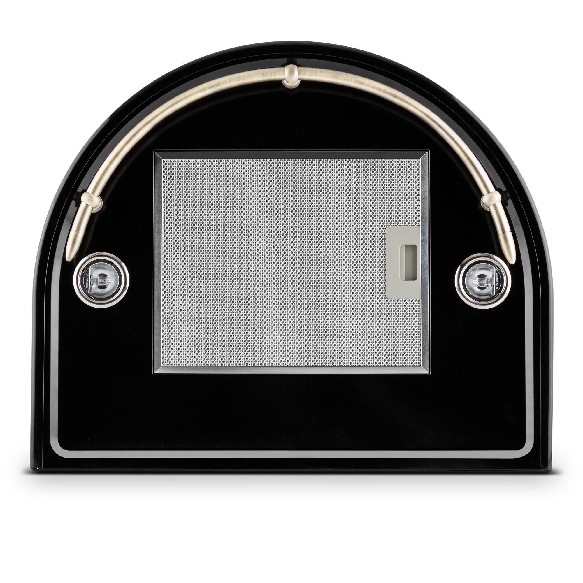 Schwarze Dunstabzugshaube mit Metallgitterfilter und Messingakzenten, auf weißem Hintergrund. Enthält Lichter und ein Bedienfeld.