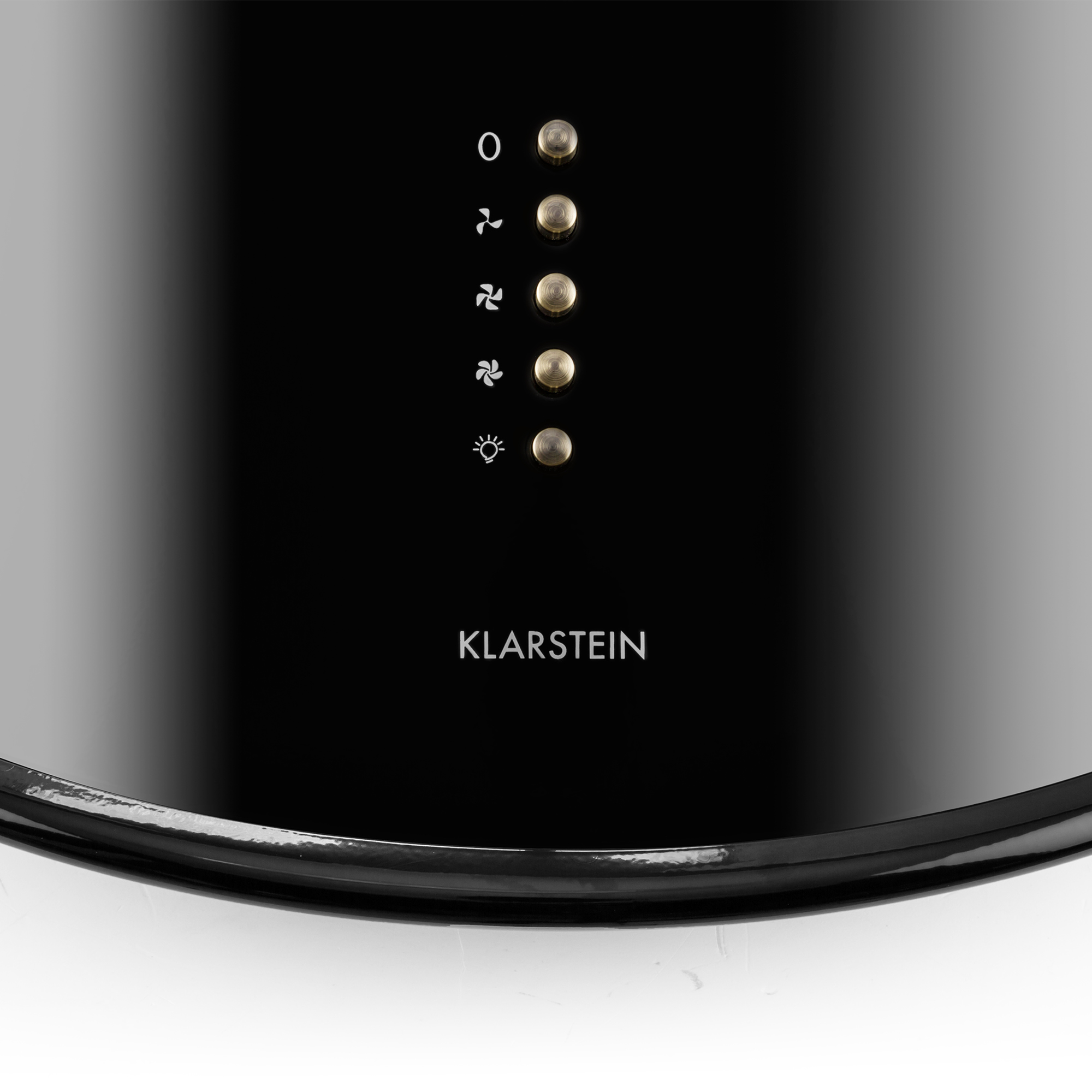 Schwarzes Bedienfeld mit goldenen Knöpfen und Symbolen. Enthält einen Markennamen unten.