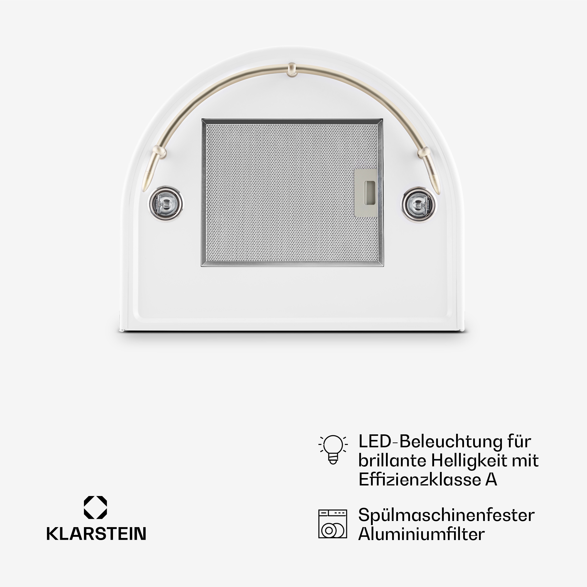 Weiße Dunstabzugshaube mit goldenen Akzenten. Mit Metallgitterfilter und zwei Lichtern. Markenlogo und Produktdetails sichtbar.