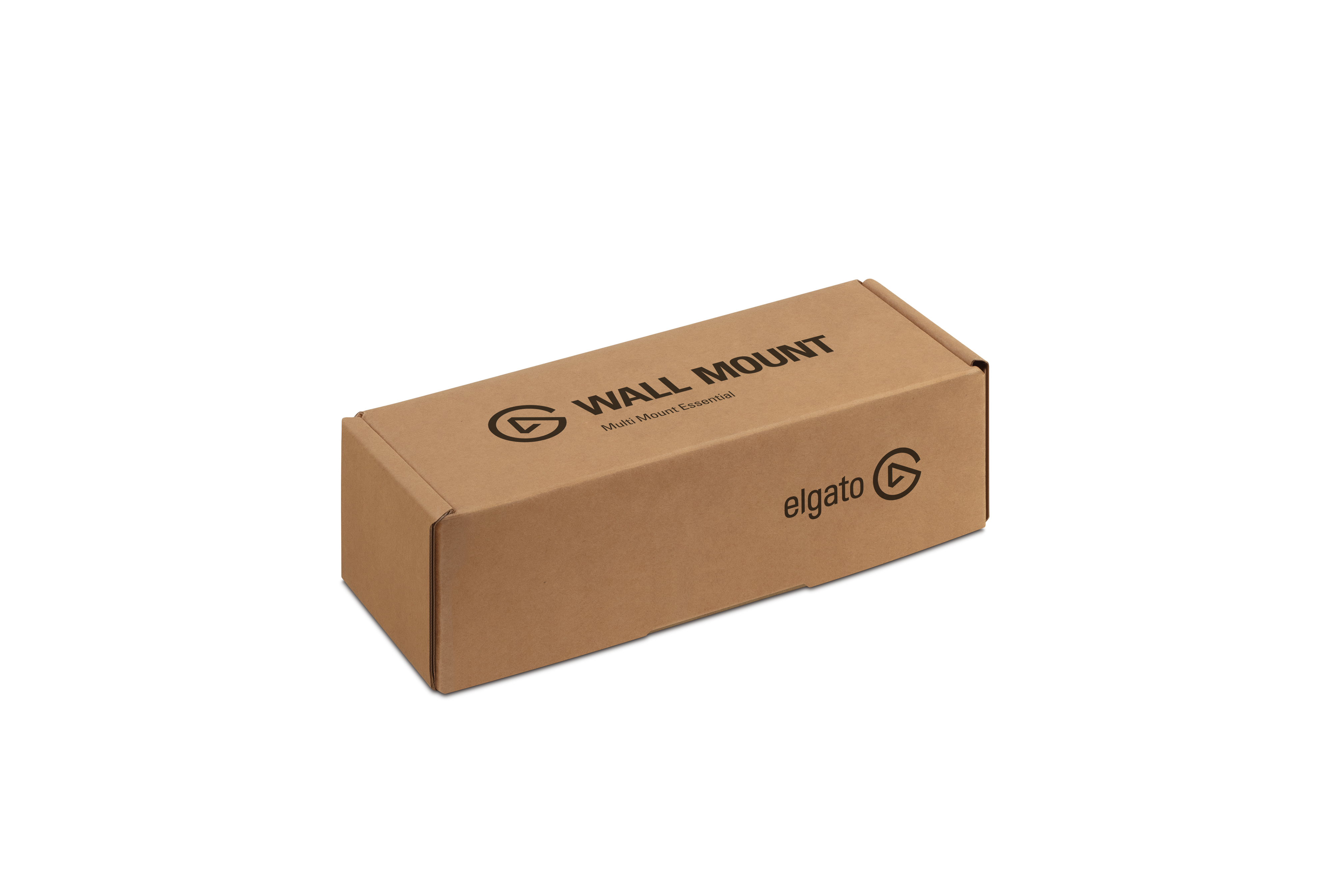 Ein brauner Pappkarton mit den Worten WALL MOUNT und dem elgato-Logo auf weißem Hintergrund.