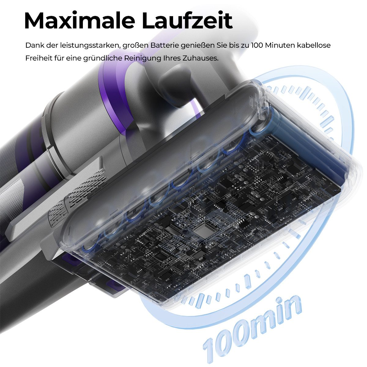 Gros plan d'un aspirateur avec un circuit imprimé visible. Texte : 'Autonomie maximale' et '100min'.