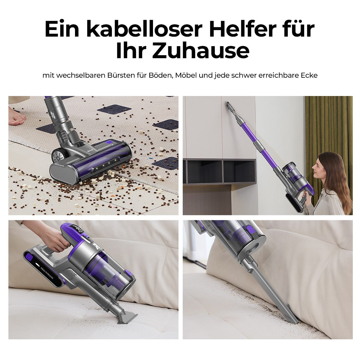 Un aspirateur sans fil en action. Il nettoie les sols, les meubles et une femme l'utilise. Il a des accents violets.