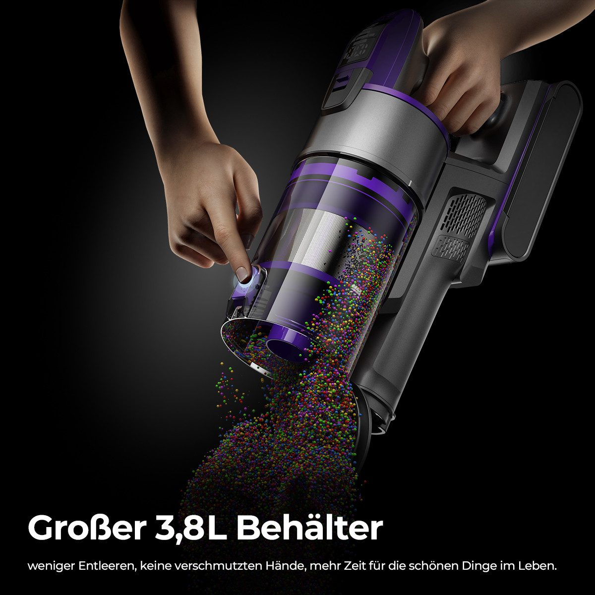 Una persona usa una aspiradora, un gran recipiente es visible, cuentas de colores se vierten. Texto: Großer 3,8L Behälter.