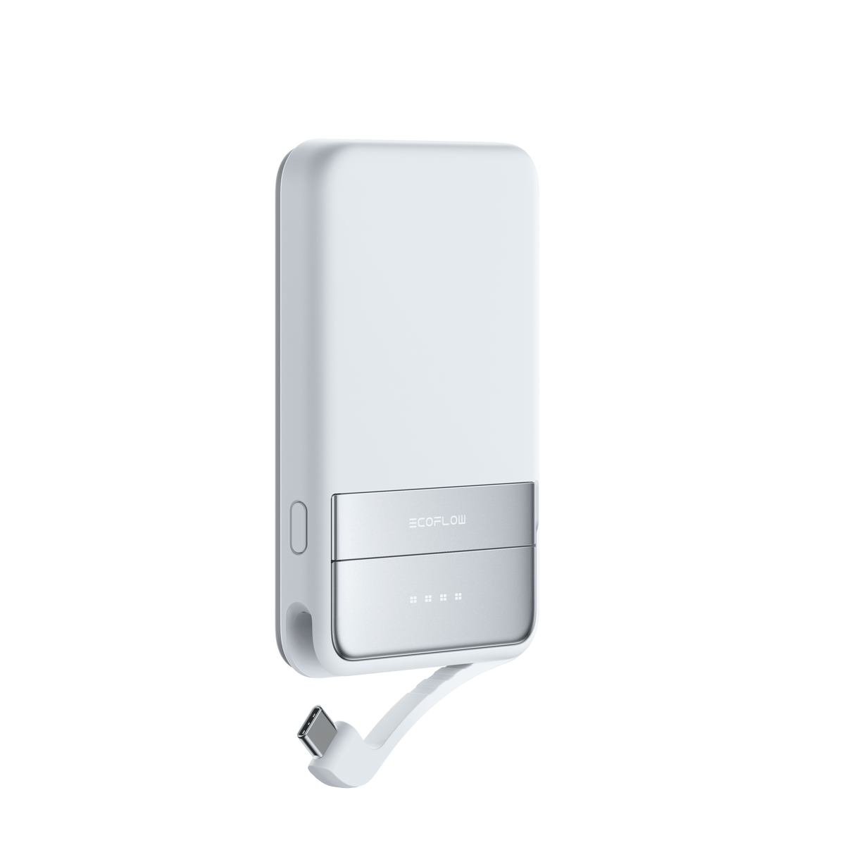 Biała stacja zasilania EcoFlow z zakrzywionym dnem i podłączonym kablem USB-C, na czarnym tle.