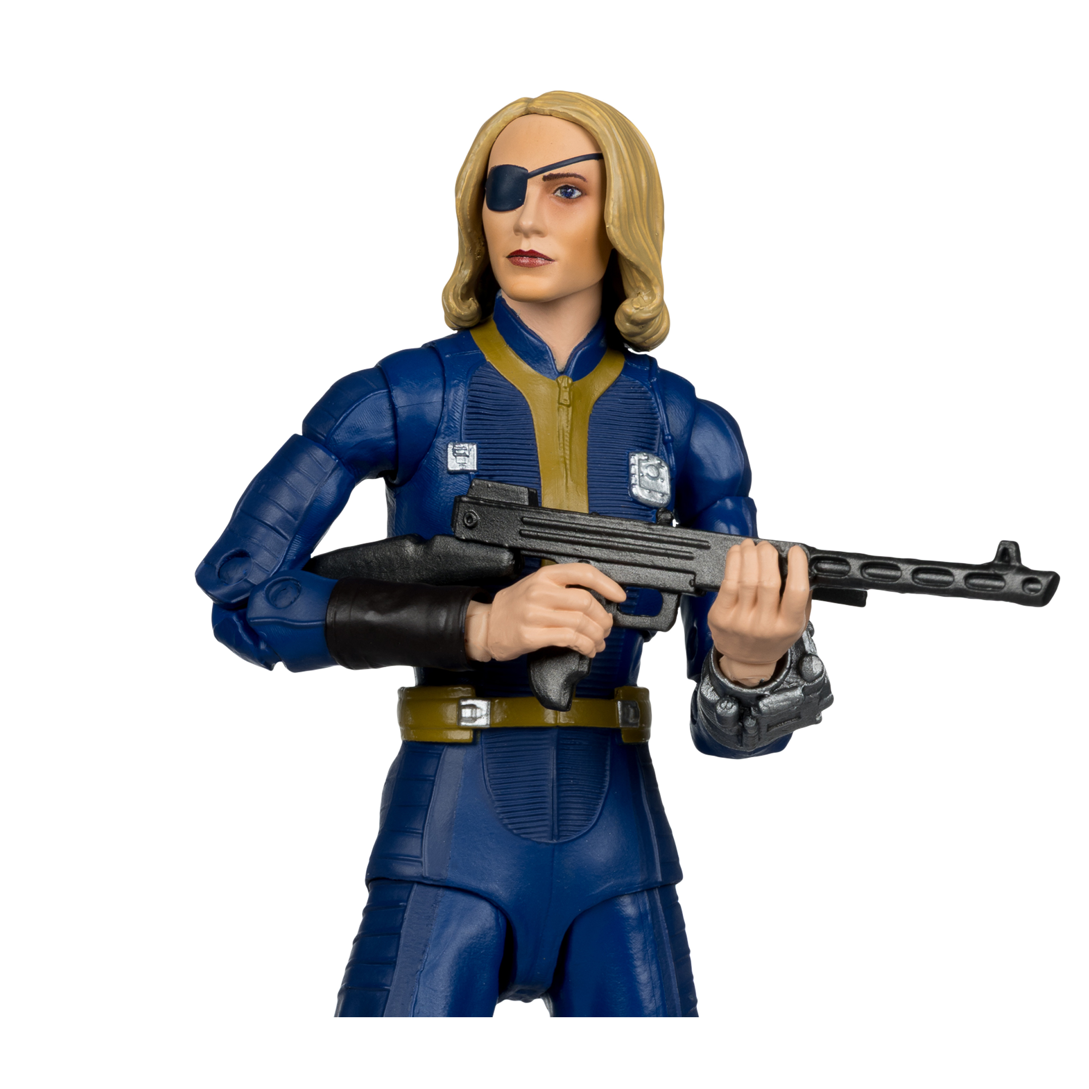 Statuina di donna in tuta blu, benda sull'occhio, che tiene una pistola. Capelli biondi, sfondo bianco isolato.
