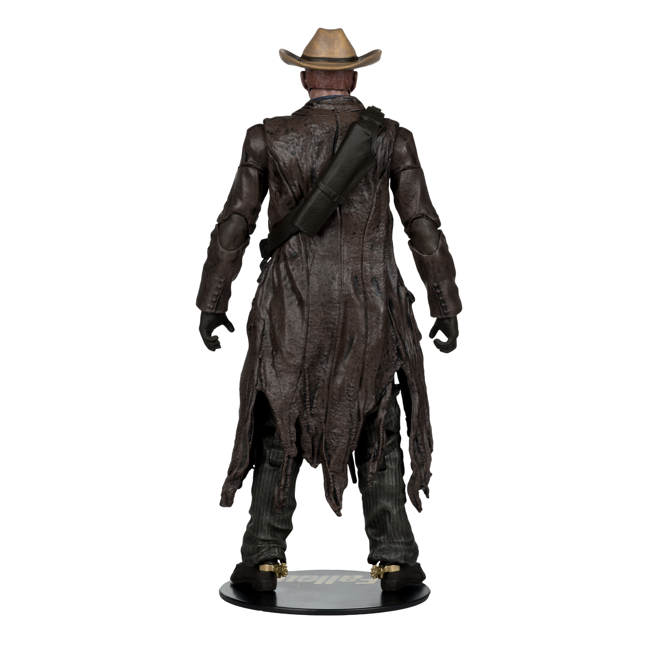 Una figura con cappotto e cappello marroni, vista da dietro. È una figura in stile cowboy, in piedi su una base nera.