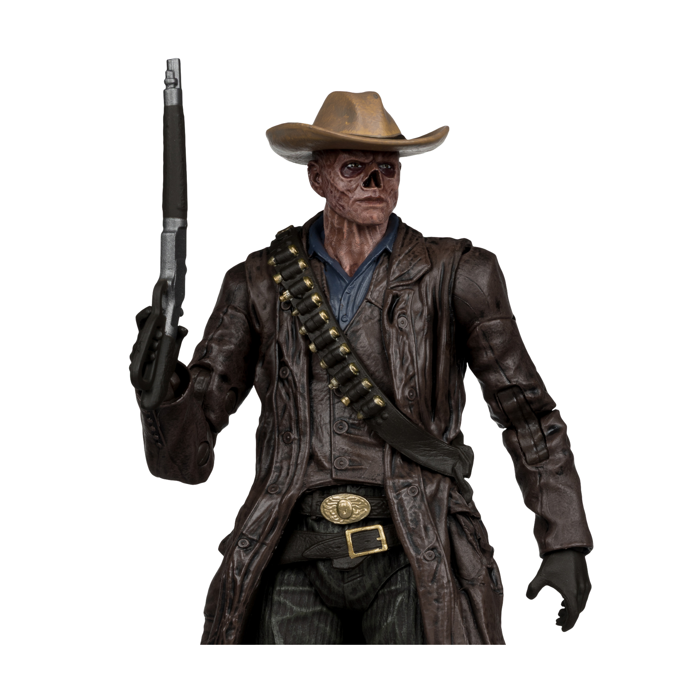Una figura di un cowboy ghoul con cappello e cappotto, che tiene un fucile. Indossa una cintura di proiettili.