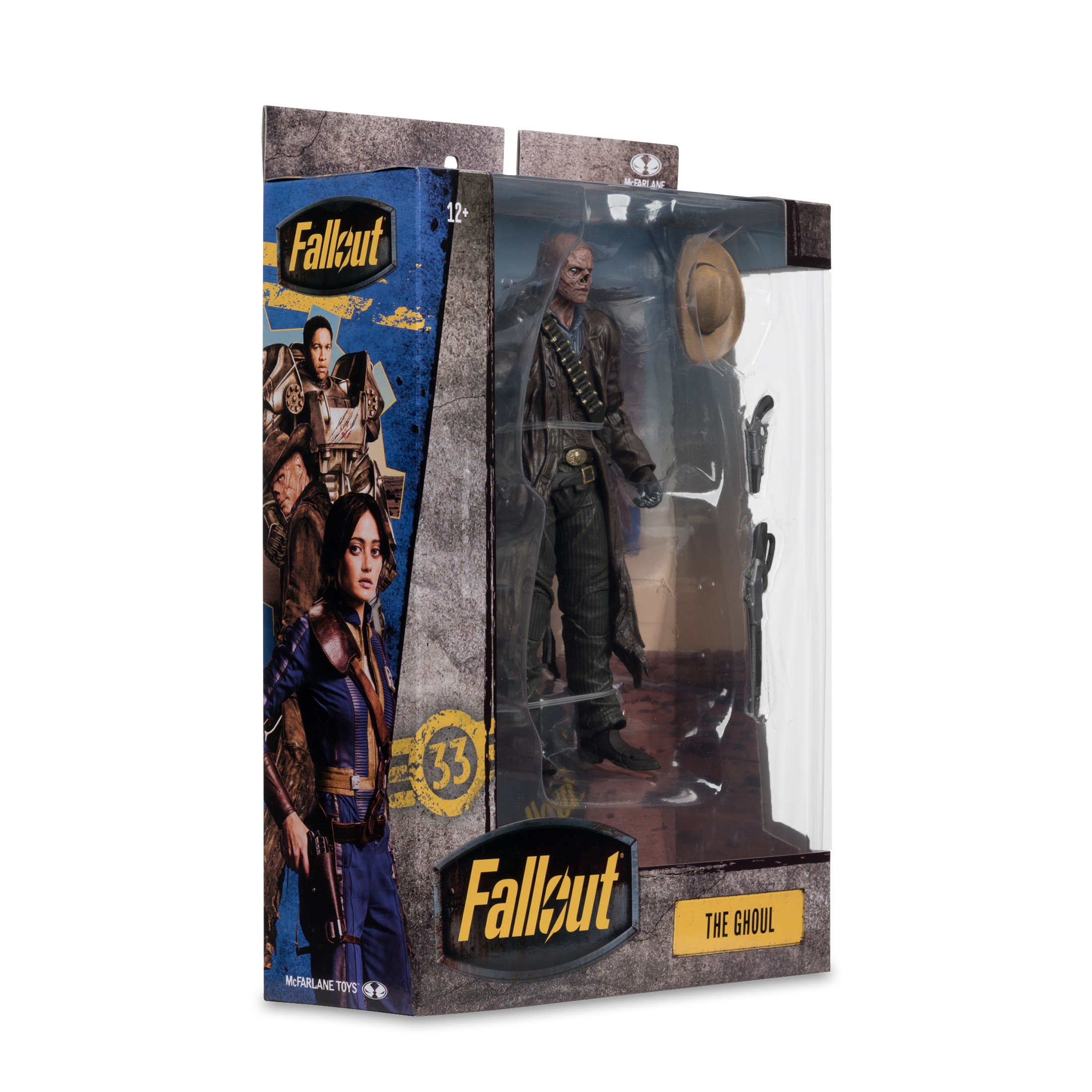 Un action figure di Fallout, The Ghoul, in una scatola. La scatola mostra immagini di personaggi e il logo Fallout. La figura è visibile.