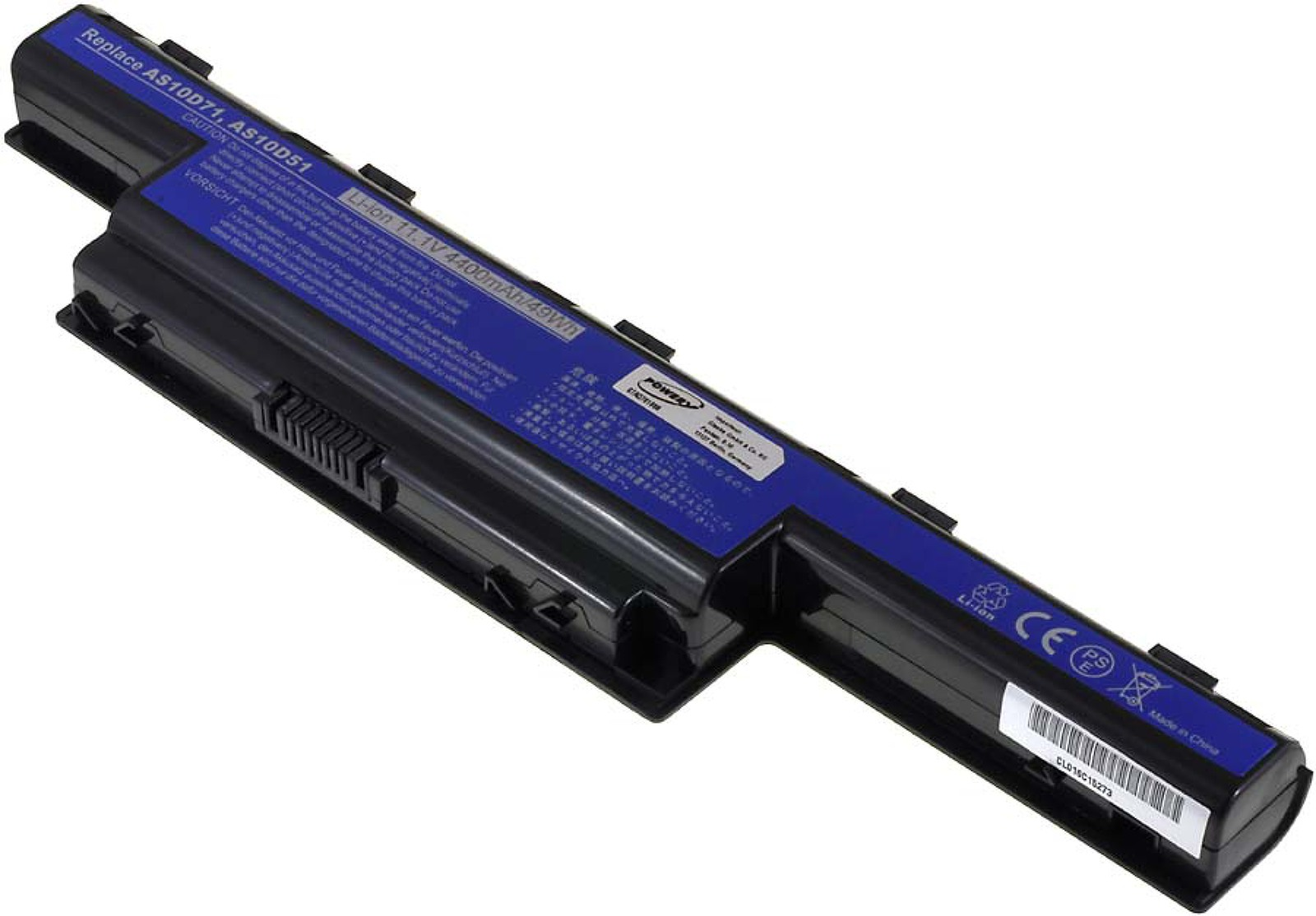 Batería negra para portátil con etiqueta azul. El texto incluye 'Li-ion', información de voltaje y capacidad, y advertencias de seguridad.