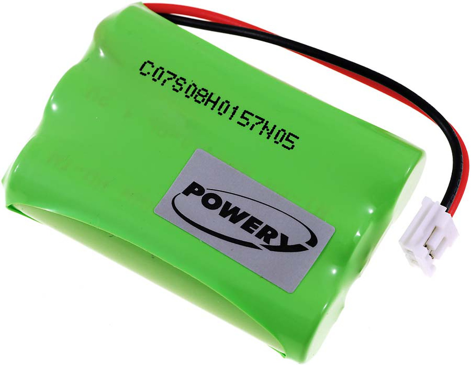 Una batería verde con cables negro y rojo, y un conector blanco. La batería tiene una pegatina de 'POWER'.