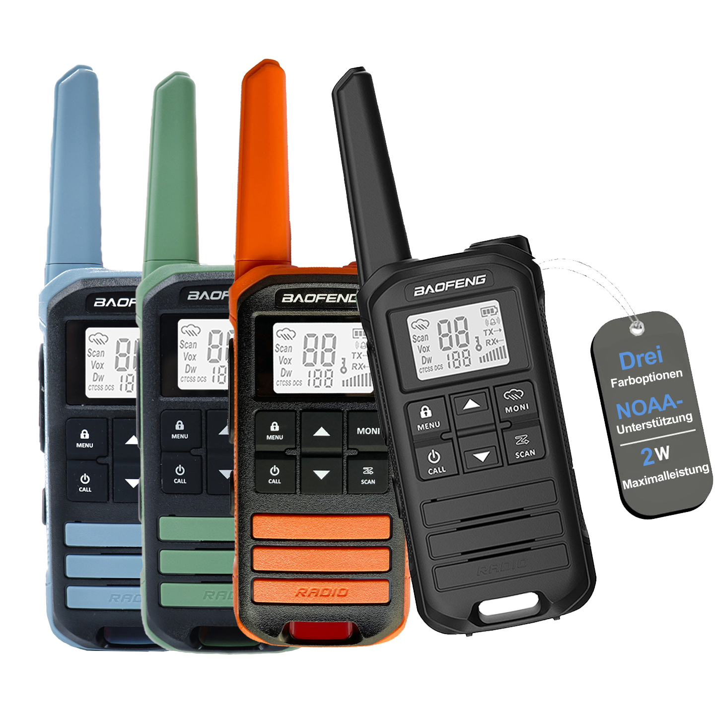 Cuatro walkie-talkies coloridos. Azul, verde, naranja y negro, cada uno con pantalla y botones. Una etiqueta menciona el soporte NOAA.