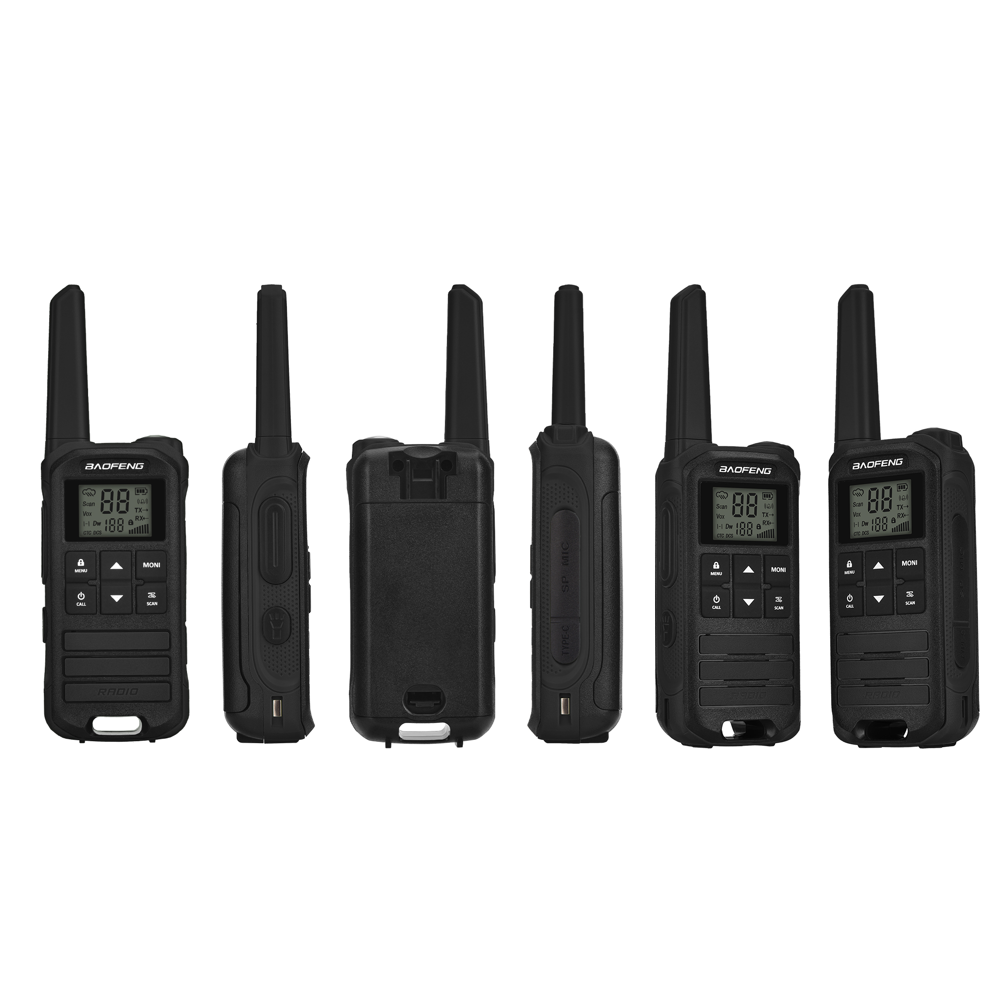 Seis walkie-talkies negros Baofeng se muestran desde diferentes ángulos. Cada uno tiene una pantalla y botones.
