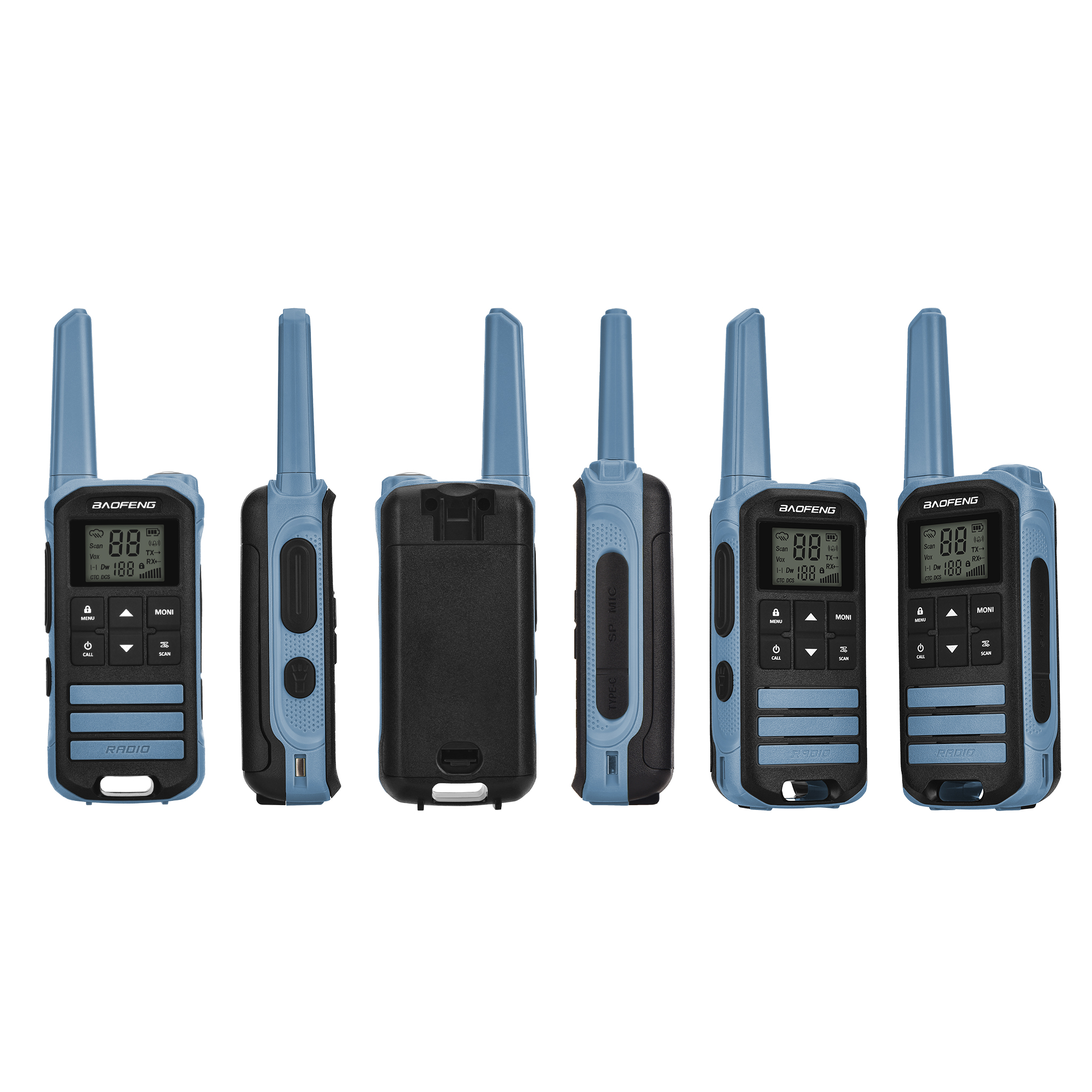 Se muestran seis radios Baofeng azules y negras. Cada uno tiene una pantalla con números y botones.