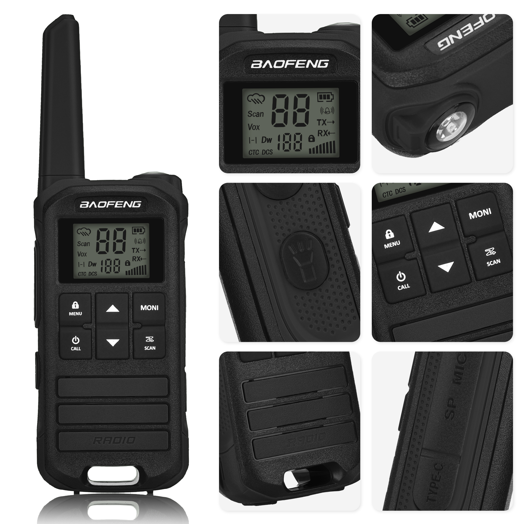 Transceptor de radio Baofeng negro con antena. Tiene botones y una pantalla. La radio dice 'RADIO' abajo.
